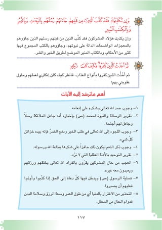 117
‫آيات‬‫ل‬‫ا‬‫إليه‬� ‫ماتر�شد‬‫أهم‬�
‫ﮐ‬‫ﮏ‬‫ﮎ‬‫ﮍ‬‫ﮌ‬‫ﮋ‬‫ﮊ‬‫ﮉ‬‫ﮈ‬‫ﮇ‬‫ﮆ‬
‫ﮒ‬‫ﮑ‬
‫ؤوهم‬�‫جا‬ ‫الذين‬ ‫ر�سلهم‬ ‫قبلهم‬ ‫ِن‬‫م‬ ‫الذين‬ ‫ب‬َّ‫ذ‬‫ك‬ ‫فقد‬ ‫الم�شركون‬ ‫ؤالء‬�‫ه‬ ‫يكذبك‬ ‫إن‬�‫و‬
‫فيها‬ ‫المجموع‬ ‫بالكتب‬ ‫ؤوهم‬�‫وجا‬ ،‫نبوتهم‬ ‫على‬ ‫الدالة‬ ‫الوا�ضحات‬ ‫بالمعجزات‬
.‫وال�شر‬‫الخير‬‫لطريق‬‫المو�ضح‬‫المنير‬‫وبالكتاب‬،‫أحكام‬‫ل‬‫ا‬‫من‬‫كثير‬
‫ﮛ‬ ‫ﮚ‬‫ﮙ‬‫ﮘ‬‫ﮗ‬‫ﮖ‬‫ﮕ‬‫ﮔ‬
‫وحلول‬ ‫لعملهم‬ ‫إنكاري‬� ‫كان‬ ‫كيف‬ ‫فانظر‬ ،‫العذاب‬ ‫أنواع‬�‫ب‬ ‫كفروا‬ ‫الذين‬ ‫ْت‬‫ذ‬ َ‫أخ‬� ‫ثم‬
‫بهم؟‬‫عقوبتي‬
.‫إنعامه‬�‫على‬‫و�شكره‬‫تعالى‬‫اهلل‬‫حمد‬‫وجوب‬-1
ً‫ال‬‫ر�س‬ ‫المالئكة‬ ‫جاعل‬ ‫أنه‬� ‫إخباره‬�‫ب‬ )‫(�ص‬ ‫لمحمد‬ ‫والنبوة‬ ‫الر�سالة‬ ‫تقرير‬ -2
.‫أجنحة‬�‫لهم‬‫وجاعل‬
‫خزائن‬‫بيده‬‫إنه‬�‫ف‬ ِّ‫ر‬‫ال�ض‬‫ودفع‬‫الخير‬‫طلب‬‫في‬‫تعالى‬‫اهلل‬‫إلى‬�‫اللجوء‬‫وجوب‬ -3
.‫�شيء‬ ّ‫ل‬‫ك‬
.‫ور�سوله‬‫اهلل‬‫بطاعة‬‫�شكرها‬‫على‬ ً‫ا‬‫حافز‬‫ذلك‬‫ليكون‬‫النعم‬‫ذكر‬‫وجوب‬ -4
.‫د‬ّ‫ر‬‫ت‬‫ال‬‫التي‬‫العقلية‬‫أدلة‬‫ل‬‫با‬‫التوحيد‬‫تقرير‬ -5
‫ورزقهم‬ ‫بخلقهم‬ ‫تعالى‬ ‫اهلل‬ ‫بانفراد‬ ‫ون‬ّ‫ر‬‫يق‬ ‫الم�شركين‬ ‫حال‬ ‫من‬ ‫العجب‬ -6
.‫غيره‬‫معه‬‫ويعبدون‬
‫أوذوا‬�‫و‬ ‫بوا‬ّ‫ذ‬‫ك‬ ‫إذا‬� ‫الحق‬ ‫إلى‬� ‫دعاة‬ ّ‫ل‬‫ك‬ ‫فيها‬ ‫ويدخل‬ )‫(�ص‬ ‫الر�سول‬ ‫ت�سلية‬ -7
.‫ي�صبروا‬‫أن‬�‫فعليهم‬
‫البدن‬‫و�سالمة‬‫الرزق‬‫و�سعة‬‫العمر‬‫طول‬‫من‬‫أي‬�‫بالدنيا‬‫االغترار‬‫من‬‫التحذير‬-8
.‫المحال‬‫من‬‫الحال‬‫فدوام‬
 