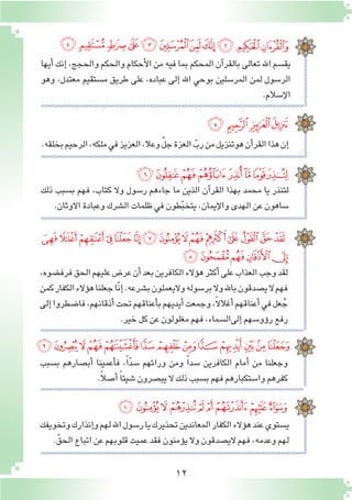 12
‫أيها‬� ‫إنك‬� ،‫والحجج‬ ‫والحكم‬ ‫أحكام‬‫ل‬‫ا‬ ‫من‬ ‫فيه‬ ‫بما‬ ‫المحكم‬ ‫آن‬�‫بالقر‬ ‫تعالى‬ ‫اهلل‬ ‫يق�سم‬
‫وهو‬ ،‫معتدل‬ ‫م�ستقيم‬ ‫طريق‬ ‫على‬ ،‫عباده‬ ‫إلى‬� ‫اهلل‬ ‫بوحي‬ ‫المر�سلين‬ ‫لمن‬ ‫الر�سول‬
.‫إ�سالم‬‫ل‬‫ا‬
‫ﭸ‬‫ﭷ‬‫ﭶ‬‫ﭵ‬‫ﭴ‬‫ﭳ‬‫ﭲ‬‫ﭱ‬‫ﭰ‬‫ﭯ‬‫ﭮ‬
.‫بخلقه‬‫الرحيم‬،‫ملكه‬‫في‬‫العزيز‬،‫وعال‬ َّ‫ل‬‫ج‬‫العزة‬ ّ‫رب‬‫من‬‫هوتنزيل‬‫آن‬�‫القر‬‫هذا‬‫إن‬�
‫ﭼ‬ ‫ﭻ‬ ‫ﭺ‬‫ﭹ‬
‫ذلك‬ ‫ب�سبب‬ ‫فهم‬ ،‫كتاب‬ ‫وال‬ ‫ر�سول‬ ‫جاءهم‬ ‫ما‬ ‫الذين‬ ‫آن‬�‫القر‬ ‫بهذا‬ ‫محمد‬ ‫يا‬ ‫لتنذر‬
.‫االوثان‬‫وعبادة‬‫ال�شرك‬‫ظلمات‬‫في‬‫طون‬ّ‫ب‬‫يتخ‬،‫إيمان‬‫ل‬‫وا‬‫الهدى‬‫عن‬‫�ساهون‬
‫ﮄ‬‫ﮃ‬‫ﮂ‬‫ﮁ‬‫ﮀ‬ ‫ﭿ‬ ‫ﭾ‬‫ﭽ‬
،‫فرف�ضوه‬‫الحق‬‫عليهم‬‫عر�ض‬‫أن‬�‫بعد‬‫الكافرين‬‫ؤالء‬�‫ه‬‫أكثر‬�‫على‬‫العذاب‬‫وجب‬‫لقد‬
‫كمن‬‫الكفار‬‫ؤالء‬�‫ه‬‫جعلنا‬‫ّا‬‫ن‬‫إ‬�.‫ب�شرعه‬‫واليعملون‬‫بر�سوله‬‫وال‬‫باهلل‬‫ي�صدقون‬‫ال‬‫فهم‬
‫إلى‬�‫فا�ضطروا‬،‫أذقانهم‬�‫تحت‬‫أعناقهم‬�‫ب‬‫أيديهم‬�‫وجمعت‬،ً‫ال‬‫أغال‬�‫أعناقهم‬�‫في‬‫عل‬ُ‫ج‬
.‫خير‬‫كل‬‫عن‬‫مغلولون‬‫فهم‬،‫إلىال�سماء‬�‫ؤو�سهم‬�‫ر‬‫رفع‬
‫ﮓ‬‫ﮒ‬‫ﮑ‬‫ﮐ‬‫ﮏ‬‫ﮎ‬‫ﮍ‬‫ﮌ‬‫ﮋ‬‫ﮊ‬‫ﮉ‬‫ﮈ‬‫ﮇ‬‫ﮆ‬‫ﮅ‬
‫ﮘ‬‫ﮗ‬‫ﮖ‬‫ﮕ‬‫ﮔ‬
‫ب�سبب‬ ‫أب�صارهم‬� ‫أعمينا‬�‫ف‬ ،ً‫ا‬ّ‫د‬‫�س‬ ‫ورائهم‬ ‫ومن‬ ً‫ا‬‫�سد‬ ‫الكافرين‬ ‫أمام‬� ‫من‬ ‫وجعلنا‬
.ً‫ال‬‫أ�ص‬� ً‫ا‬‫�شيئ‬‫يب�صرون‬ ‫ال‬‫ذلك‬‫ب�سبب‬‫فهم‬‫وا�ستكبارهم‬‫كفرهم‬
‫ﮥ‬‫ﮤ‬‫ﮣ‬‫ﮢ‬‫ﮡ‬‫ﮠ‬‫ﮟ‬‫ﮞ‬‫ﮝ‬‫ﮜ‬‫ﮛ‬‫ﮚ‬‫ﮙ‬
‫وتخويفك‬‫إنذارك‬�‫و‬‫لهم‬‫اهلل‬‫ر�سول‬‫يا‬‫تحذيرك‬‫المعاندين‬‫الكفار‬‫ؤالء‬�‫ه‬‫عند‬‫ي�ستوي‬
.ّ‫الحق‬‫اتباع‬‫عن‬‫قلوبهم‬‫عميت‬‫فقد‬‫ؤمنون‬�‫ي‬‫وال‬‫الي�صدقون‬‫فهم‬،‫وعدمه‬‫لهم‬
‫ﮮ‬‫ﮭ‬‫ﮬ‬ ‫ﮫ‬‫ﮪ‬‫ﮩ‬‫ﮨ‬‫ﮧ‬‫ﮦ‬
 
