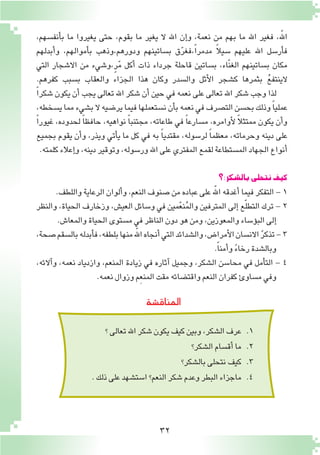 32
،‫أنف�سهم‬�‫ب‬ ‫ما‬ ‫يغيروا‬ ‫حتى‬ ،‫بقوم‬ ‫ما‬ ‫يغير‬ ‫ال‬ ‫اهلل‬ ‫إن‬�‫و‬ ،‫نعمة‬ ‫من‬ ‫بهم‬ ‫ما‬ ‫اهلل‬ ‫فغير‬ ،ّ‫الله‬
‫أبدلهم‬�‫و‬ ،‫أموالهم‬�‫ب‬ ‫ودورهم،وذهب‬ ‫ب�ساتينهم‬ ‫ق‬ّ‫ر‬‫،فغ‬ً‫ا‬‫مدمر‬ ً‫ال‬‫�سي‬ ‫عليهم‬ ‫اهلل‬ ‫أر�سل‬�‫ف‬
‫التي‬ ‫اال�شجار‬ ‫من‬ ‫ٍ،و�شيء‬‫ر‬ّ‫م‬ ‫أكل‬� ‫ذات‬ ‫جرداء‬ ‫قاحلة‬ ‫ب�ساتين‬ ،‫ّاء‬‫ن‬‫الغ‬ ‫ب�ساتينهم‬ ‫مكان‬
.‫كفرهم‬ ‫ب�سبب‬ ‫والعقاب‬ ‫الجزاء‬ ‫هذا‬ ‫وكان‬ ‫وال�سدر‬ ‫أثل‬‫ل‬‫ا‬ ‫ك�شجر‬ ‫بثمرها‬ ُ‫ع‬‫الينتف‬
ً‫ا‬‫�شكر‬ ‫يكون‬ ‫أن‬� ‫يجب‬ ‫تعالى‬ ‫اهلل‬ ‫�شكر‬ ‫أن‬� ‫حين‬ ‫في‬ ‫نعمه‬ ‫على‬ ‫تعالى‬ ‫اهلل‬ ‫�شكر‬ ‫وجب‬ ‫لذا‬
،‫ي�سخطه‬‫مما‬‫ب�شيء‬‫ال‬‫ير�ضيه‬‫فيما‬‫ن�ستعملها‬‫أن‬�‫ب‬‫نعمه‬‫في‬‫الت�صرف‬‫بح�سن‬‫وذلك‬ ً‫ا‬‫عملي‬
ً‫ا‬‫غيور‬ ،‫لحدوده‬ ً‫ا‬‫حافظ‬ ،‫نواهيه‬ ً‫ا‬‫مجتنب‬ ،‫طاعاته‬ ‫في‬ ً‫ا‬‫م�سارع‬ ،‫أوامره‬‫ل‬ ً‫ال‬‫ممتث‬ ‫يكون‬ ‫أن‬�‫و‬
‫بجميع‬ ‫يقوم‬ ‫أن‬�‫و‬ ،‫ويذر‬ ‫أتي‬�‫ي‬ ‫ما‬ ‫كل‬ ‫في‬ ‫به‬ ً‫ا‬‫مقتدي‬ ،‫لر�سوله‬ ً‫ا‬‫معظم‬ ،‫وحرماته‬ ‫دينه‬ ‫على‬
.‫كلمته‬‫إعالء‬�‫و‬،‫دينه‬‫وتوقير‬،‫ور�سوله‬‫اهلل‬‫على‬‫المفتري‬‫لقمع‬‫الم�ستطاعة‬‫الجهاد‬‫أنواع‬�
‫بال�شكر:؟‬‫نتحلى‬‫كيف‬
.‫واللطف‬‫الرعاية‬‫ألوان‬�‫و‬،‫النعم‬‫�صنوف‬‫من‬‫عباده‬‫على‬ّ‫الله‬‫أغدقه‬�‫فيما‬‫التفكر‬- 1
‫والنظر‬ ،‫الحياة‬ ‫وزخارف‬ ،‫العي�ش‬ ‫و�سائل‬ ‫في‬ ‫مين‬ّ‫ع‬‫ن‬ُ‫م‬‫وال‬ ‫المترفين‬ ‫إلى‬� ‫ع‬ّ‫ل‬‫التط‬ ‫ترك‬ - 2
.‫والمعا�ش‬‫الحياة‬‫م�ستوى‬‫في‬‫الناظر‬‫دون‬‫هو‬‫ومن‬،‫والمعوزين‬‫ؤ�ساء‬�‫الب‬‫إلى‬�
،‫�صحة‬‫بال�سقم‬‫أبدله‬�‫ف‬،‫بلطفه‬‫منها‬ّ‫الله‬‫أنجاه‬�‫التي‬‫وال�شدائد‬،‫أمرا�ض‬‫ل‬‫ا‬‫االن�سان‬ ّ‫ر‬‫تذك‬-3
.ً‫ا‬‫أمن‬�‫و‬ ً‫ء‬‫رخا‬‫وبال�شدة‬
،‫آالئه‬�‫و‬ ،‫نعمه‬ ‫وازدياد‬ ،‫المنعم‬ ‫زيادة‬ ‫في‬ ‫آثاره‬� ‫وجميل‬ ،‫ال�شكر‬ ‫محا�سن‬ ‫في‬ ‫أمل‬�‫الت‬ - 4
.‫نعمه‬‫وزوال‬‫ِم‬‫ع‬‫المن‬‫مقت‬‫واقت�ضائه‬‫النعم‬‫كفران‬‫م�ساوئ‬‫وفي‬
‫؟‬‫تعالى‬‫اهلل‬‫�شكر‬‫يكون‬‫كيف‬‫وبين‬،‫ال�شكر‬‫عرف‬ 	.1
‫ال�شكر؟‬‫أق�سام‬�‫ما‬ 	.2
‫بال�شكر؟‬‫نتحلى‬‫كيف‬ 	.3
.‫ذلك‬‫على‬‫ا�ست�شهد‬‫النعم؟‬‫�شكر‬‫وعدم‬‫البطر‬‫ماجزاء‬ 	.4
‫المناق�شة‬
 