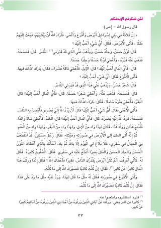 33
‫الزيدنكم‬‫�شكرتم‬‫لئن‬
:)‫(�ص‬-‫اهلل‬‫ر�سول‬‫قال‬
ْ‫م‬ِ‫ه‬ْ‫ي‬َ‫ل‬ِ‫إ‬� َ‫ث‬َ‫ع‬َ‫ب‬َ‫ف‬،ْ‫م‬ُ‫ه‬َ‫ي‬ِ‫ل‬َ‫ت‬ْ‫ب‬َ‫ي‬ ْ‫ن‬ َ‫أ‬�َُّ‫لله‬‫ا‬ َ‫د‬‫ا‬َ‫ر‬َ‫أ‬�َ‫ف‬،‫ى‬َ‫م‬ْ‫ع‬َ‫أ‬�َ‫و‬ َ‫ع‬َ‫ر‬ْ‫ق‬َ‫أ‬�َ‫و‬ َ‫�ص‬َ‫ر‬ْ‫ب‬َ‫أ‬� َ‫ل‬‫ِي‬‫ئ‬‫ا‬َ‫ر‬ ْ‫�س‬ِ‫إ‬�‫ِي‬‫ن‬َ‫ب‬‫ِي‬‫ف‬ ً‫ة‬َ‫ث‬‫ال‬َ‫ث‬ َّ‫ن‬ِ‫إ‬�«
‫؟‬ َ‫ك‬ْ‫ي‬َ‫ل‬ِ‫إ‬� ُّ‫ب‬ َ‫ح‬َ‫أ‬� ٍ‫ء‬ْ‫ي‬ َ‫�ش‬ ُّ‫ي‬َ‫أ‬�:َ‫ل‬‫َا‬‫ق‬َ‫ف‬، َ‫�ص‬َ‫ر‬ْ‫ب‬ َ‫أ‬ ْ‫ال‬‫َى‬‫ت‬َ‫أ‬�َ‫ف‬،‫ا‬ً‫ك‬‫ل‬َ‫م‬
،ُ‫ه‬َ‫ح‬ َ‫�س‬َ‫م‬َ‫ف‬:َ‫ل‬‫ا‬َ‫ق‬. ُ‫َّا�س‬‫ن‬‫ال‬ (((
‫ِي‬‫ن‬َ‫ر‬ِ‫ذ‬َ‫ق‬ ْ‫د‬َ‫ق‬‫ِي‬‫ذ‬َّ‫ل‬‫ا‬‫ِّي‬‫ن‬َ‫ع‬ ُ‫ب‬َ‫ه‬ْ‫ذ‬َ‫ي‬َ‫و‬،ٌ‫ن‬ َ‫�س‬ َ‫ح‬ ٌ‫د‬ْ‫ل‬‫ج‬َ‫و‬،ٌ‫ن‬ َ‫�س‬ َ‫ح‬ ٌ‫ن‬ْ‫و‬َ‫ل‬:َ‫ل‬‫ا‬َ‫ق‬
.‫ًا‬‫ن‬ َ‫�س‬ َ‫ح‬‫ا‬ً‫د‬ْ‫ل‬ ِ‫ج‬َ‫و‬‫ًا‬‫ن‬ َ‫�س‬ َ‫ح‬‫ًا‬‫ن‬ْ‫و‬َ‫ل‬ َ‫ي‬ِ‫ط‬ْ‫ع‬ُ‫أ‬�َ‫و‬، ُ‫ه‬ُ‫ر‬َ‫ذ‬َ‫ق‬ ُ‫ه‬ْ‫ن‬َ‫ع‬ َ‫ب‬َ‫ه‬َ‫ذ‬َ‫ف‬
.‫ا‬َ‫ه‬‫ِي‬‫ف‬ َ‫ك‬َ‫ل‬َُّ‫لله‬‫ا‬ َ‫ك‬َ‫ر‬‫ا‬َ‫ب‬:َ‫ل‬‫َا‬‫ق‬َ‫ف‬،َ‫ء‬‫ا‬َ‫ر‬ َ‫�ش‬ُ‫ع‬ ً‫ة‬َ‫ق‬‫َا‬‫ن‬ َ‫ي‬ِ‫ط‬ْ‫ع‬ُ‫أ‬�َ‫ف‬.ُ‫ل‬ِ‫ب‬ ِ‫إ‬ ْ‫ال‬:َ‫ل‬‫ا‬َ‫ق‬‫؟‬ َ‫ك‬ْ‫ي‬َ‫ل‬ِ‫إ‬� ُّ‫ب‬ َ‫ح‬َ‫أ‬� ِ‫ال‬َ‫م‬ْ‫ل‬‫ا‬ ُّ‫ي‬َ‫أ‬�َ‫ف‬: َ‫ل‬‫ا‬َ‫ق‬
‫؟‬ َ‫ك‬ْ‫ي‬َ‫ل‬ِ‫إ‬� ُّ‫ب‬ َ‫ح‬َ‫أ‬� ٍ‫ء‬ْ‫ي‬ َ‫�ش‬ ُّ‫ي‬َ‫أ‬�:َ‫ل‬‫َا‬‫ق‬َ‫ف‬ َ‫ع‬َ‫ر‬ْ‫ق‬ َ‫أ‬ ْ‫ال‬‫َى‬‫ت‬َ‫أ‬�َ‫ف‬
. ُ‫َّا�س‬‫ن‬‫ال‬‫ِي‬‫ن‬َ‫ر‬ِ‫ذ‬َ‫ق‬ ْ‫د‬َ‫ق‬‫ِي‬‫ذ‬َّ‫ل‬‫ا‬‫ا‬َ‫ذ‬َ‫ه‬‫ِّي‬‫ن‬َ‫ع‬ ُ‫ب‬َ‫ه‬ْ‫ذ‬َ‫ي‬َ‫و‬،ٌ‫ن‬ َ‫�س‬ َ‫ح‬ ٌ‫ر‬َ‫ع‬ َ‫�ش‬:َ‫ل‬‫ا‬َ‫ق‬
:َ‫ل‬‫ا‬َ‫ق‬ ‫؟‬َ‫ك‬ْ‫ي‬َ‫ل‬ ِ‫إ‬� ُّ‫ب‬ َ‫ح‬َ‫أ‬� ِ‫ال‬َ‫م‬ْ‫ل‬‫ا‬ ُّ‫ي‬َ‫أ‬�َ‫ف‬ :َ‫ل‬‫ا‬َ‫ق‬ .‫ًا‬‫ن‬ َ‫�س‬ َ‫ح‬ ‫ا‬ً‫ر‬َ‫ع‬ َ‫�ش‬ َ‫ي‬ِ‫ط‬ْ‫ع‬ُ‫أ‬�َ‫و‬ ،ُ‫ه‬ْ‫ن‬َ‫ع‬ َ‫ب‬َ‫ه‬َ‫ذ‬َ‫ف‬ ،ُ‫ه‬َ‫ح‬ َ‫�س‬َ‫م‬َ‫ف‬ :َ‫ل‬‫ا‬َ‫ق‬
.‫ا‬َ‫ه‬‫ِي‬‫ف‬ َ‫ك‬َ‫ل‬َُّ‫لله‬‫ا‬ َ‫ك‬َ‫ر‬‫ا‬َ‫ب‬:َ‫ل‬‫َا‬‫ق‬َ‫ف‬،ً‫ِلا‬‫م‬‫ا‬ َ‫ح‬ ً‫ة‬َ‫ر‬َ‫ق‬َ‫ب‬ َ‫ي‬ِ‫ط‬ْ‫ع‬ُ‫أ‬�َ‫ف‬،ُ‫ر‬َ‫ق‬َ‫ب‬ْ‫ل‬‫ا‬
. َ‫َّا�س‬‫ن‬‫ال‬ ِ‫ه‬ِ‫ب‬ َ‫ر‬ ِ‫�ص‬ْ‫ب‬ُ‫أ‬�َ‫ف‬‫ِي‬‫ر‬ َ‫�ص‬َ‫ب‬ َّ‫ي‬َ‫ل‬ِ‫إ‬�َُّ‫لله‬‫ا‬ َّ‫د‬ُ‫ر‬َ‫ي‬ ْ‫ن‬َ‫أ‬�:َ‫ل‬‫ا‬َ‫ق‬‫؟‬َ‫ك‬ْ‫ي‬َ‫ل‬ِ‫إ‬� ُّ‫ب‬ َ‫ح‬َ‫أ‬� ٍ‫ء‬ْ‫ي‬ َ‫�ش‬ ُّ‫ي‬َ‫أ‬�:َ‫ل‬‫َا‬‫ق‬َ‫ف‬‫ى‬َ‫م‬ْ‫ع‬ َ‫أ‬ ْ‫ال‬‫َى‬‫ت‬َ‫أ‬�َ‫ف‬
،‫ا‬ً‫د‬ِ‫ل‬‫ا‬َ‫و‬ ً‫ة‬‫ا‬ َ‫�ش‬ َ‫ي‬ِ‫ط‬ْ‫ع‬ُ‫أ‬�َ‫ف‬ .ُ‫م‬َ‫ن‬َ‫غ‬ْ‫ل‬‫ا‬ :َ‫ل‬‫ا‬َ‫ق‬ ‫؟‬َ‫ك‬ْ‫ي‬َ‫ل‬ِ‫إ‬� ُّ‫ب‬ َ‫ح‬َ‫أ‬� ِ‫ال‬َ‫م‬ْ‫ل‬‫ا‬ ُّ‫ي‬َ‫أ‬�َ‫ف‬ :َ‫ل‬‫ا‬َ‫ق‬ .ُ‫ه‬َ‫ر‬ َ‫�ص‬َ‫ب‬ ِ‫ه‬ْ‫ي‬َ‫ل‬ِ‫إ‬�َُّ‫لله‬‫ا‬ َّ‫د‬َ‫ر‬َ‫ف‬ ،ُ‫ه‬َ‫ح‬ َ‫�س‬َ‫م‬َ‫ف‬
.ِ‫م‬َ‫ن‬َ‫غ‬ْ‫ل‬‫ا‬ ْ‫ن‬ِ‫م‬ ٍ‫د‬‫ا‬َ‫و‬‫ا‬َ‫ذ‬َ‫ه‬ِ‫ل‬َ‫و‬،ِ‫ر‬َ‫ق‬َ‫ب‬ْ‫ل‬‫ا‬ ْ‫ن‬ِ‫م‬ ٍ‫د‬‫ا‬َ‫و‬‫ا‬َ‫ذ‬َ‫ه‬ِ‫ل‬َ‫و‬،ِ‫ل‬ِ‫ب‬ِ‫إ‬ ْ‫ال‬ ْ‫ن‬ِ‫م‬ ٍ‫د‬‫ا‬َ‫و‬‫ا‬َ‫ذ‬َ‫ه‬ِ‫ل‬ َ‫ان‬َ‫ك‬َ‫ف‬،‫ا‬َ‫ذ‬َ‫ه‬ َ‫د‬َّ‫ل‬َ‫و‬َ‫و‬ ِ‫ان‬َ‫ذ‬َ‫ه‬ َ‫ِج‬‫ت‬ْ‫ن‬ُ‫أ‬�َ‫ف‬
ْ‫ت‬َ‫ع‬َ‫َط‬‫ق‬ْ‫ن‬‫ا‬ ْ‫د‬َ‫ق‬ ،ٌ‫ِين‬‫ك‬ ْ‫ِ�س‬‫م‬ ٌ‫ل‬ُ‫ج‬َ‫ر‬ :َ‫ل‬‫َا‬‫ق‬َ‫ف‬ ،ِ‫ه‬ِ‫ت‬َ‫ئ‬ْ‫ي‬َ‫ه‬َ‫و‬ ِ‫ه‬ِ‫ت‬َ‫ر‬‫و‬ ُ‫�ص‬ ‫ِي‬‫ف‬ َ‫�ص‬َ‫ر‬ْ‫ب‬ َ‫أ‬ ْ‫ال‬ ‫إلى‬� ‫الملك‬ ‫َى‬‫ت‬َ‫أ‬� ُ‫ه‬َّ‫ن‬ِ‫إ‬� َّ‫م‬ُ‫ث‬
َ‫ن‬ْ‫و‬َّ‫ل‬‫ال‬ َ‫اك‬َ‫ط‬ْ‫ع‬َ‫أ‬� ‫ِي‬‫ذ‬َّ‫ل‬‫ا‬ِ‫ب‬ َ‫ك‬ُ‫ل‬َ‫أ‬� ْ‫�س‬َ‫أ‬� ،َ‫ك‬ِ‫ب‬ َّ‫م‬ُ‫ث‬ َِّ‫لله‬‫ا‬ِ‫ب‬ َّ‫ا‬‫ل‬ِ‫إ‬� َ‫م‬ْ‫و‬َ‫ي‬ْ‫ل‬‫ا‬ ‫ِي‬‫ل‬ َ‫لاَغ‬َ‫ب‬ َ‫لا‬َ‫ف‬ ،‫ِي‬‫ر‬َ‫ف‬ َ‫�س‬ ‫ِي‬‫ف‬ ُ‫ل‬‫ا‬َ‫ب‬ ِ‫ح‬ْ‫ل‬‫ا‬ َ‫ي‬ِ‫ب‬
َ‫ل‬‫َا‬‫ق‬َ‫ف‬ .ٌ‫ة‬َ‫ر‬‫ِي‬‫ث‬َ‫ك‬ ُ‫وق‬ُ‫ق‬ُ‫ح‬ْ‫ل‬‫ا‬ :َ‫ل‬‫َا‬‫ق‬َ‫ف‬ .‫ِي‬‫ر‬َ‫ف‬ َ‫�س‬ ‫ِي‬‫ف‬ ِ‫ه‬ْ‫ي‬َ‫ل‬َ‫ع‬ ُ‫غ‬َّ‫ل‬َ‫ب‬َ‫ت‬َ‫أ‬� ‫ا‬ً‫ر‬‫ِي‬‫ع‬َ‫ب‬ َ‫ل‬‫ا‬َ‫م‬ْ‫ل‬‫ا‬َ‫و‬ َ‫ن‬ َ‫�س‬َ‫ح‬ْ‫ل‬‫ا‬ َ‫د‬ْ‫ل‬ ِ‫ج‬ْ‫ل‬‫ا‬َ‫و‬ َ‫ن‬ َ‫�س‬َ‫ح‬ْ‫ل‬‫ا‬
‫ا‬َ‫ذ‬َ‫ه‬ ُ‫ت‬ْ‫ث‬ِ‫ر‬َ‫و‬ ‫ا‬َ‫م‬َّ‫ن‬ِ‫إ‬� َ‫ل‬‫َا‬‫ق‬َ‫ف‬ ‫؟‬َُّ‫لله‬‫ا‬ َ‫اك‬َ‫ط‬ْ‫ع‬َ‫أ‬�َ‫ف‬ ‫ا‬ً‫ر‬‫ِي‬‫ق‬َ‫ف‬ ، ُ‫َّا�س‬‫ن‬‫ال‬ َ‫ك‬ُ‫ر‬َ‫ذ‬ْ‫ق‬َ‫ي‬ َ‫�ص‬َ‫ر‬ْ‫ب‬َ‫أ‬� ْ‫ن‬ُ‫ك‬َ‫ت‬ ْ‫م‬َ‫ل‬َ‫أ‬� ،َ‫ُك‬‫ف‬ِ‫ر‬ْ‫ع‬َ‫أ‬� ‫ِّي‬‫ن‬َ‫أ‬�َ‫ك‬ :ُ‫ه‬َ‫ل‬
.َ‫ْت‬‫ن‬ُ‫ك‬‫ا‬َ‫م‬‫ى‬َ‫ل‬ِ‫إ‬�َُّ‫لله‬‫ا‬ َ‫ك‬َ‫ر‬َّ‫ي‬ َ‫�ص‬َ‫ف‬‫ا‬ً‫ب‬ِ‫ذ‬‫ا‬َ‫ك‬ َ‫ْت‬‫ن‬ُ‫ك‬ ْ‫ن‬ِ‫إ‬� :َ‫ل‬‫َا‬‫ق‬َ‫ف‬.(((
ٍ‫ر‬ِ‫ب‬‫ا‬َ‫ك‬ ْ‫ن‬َ‫ع‬‫ا‬ً‫ر‬ِ‫ب‬‫ا‬َ‫ك‬ َ‫ل‬‫ا‬َ‫م‬ْ‫ل‬‫ا‬
.‫ا‬َ‫ذ‬َ‫ه‬ ‫ى‬َ‫ل‬َ‫ع‬ َّ‫د‬َ‫ر‬ ‫ا‬َ‫م‬ َ‫ل‬ْ‫ث‬ِ‫م‬ ِ‫ه‬ْ‫ي‬َ‫ل‬َ‫ع‬ َّ‫د‬َ‫ر‬َ‫و‬ ،‫ا‬َ‫ذ‬َ‫ه‬ِ‫ل‬ َ‫ل‬‫ا‬َ‫ق‬ ‫ا‬َ‫م‬ َ‫ل‬ْ‫ث‬ِ‫م‬ ُ‫ه‬َ‫ل‬ َ‫ل‬‫َا‬‫ق‬َ‫ف‬ ِ‫ه‬ِ‫ت‬َ‫ر‬‫و‬ ُ‫�ص‬ ‫ِي‬‫ف‬ َ‫ع‬َ‫ر‬ْ‫ق‬ َ‫أ‬ ْ‫ال‬ ‫َى‬‫ت‬َ‫أ‬�َ‫و‬
.َ‫ْت‬‫ن‬ُ‫ك‬‫ا‬َ‫م‬‫ى‬َ‫ل‬ِ‫إ‬�َُّ‫لله‬‫ا‬ َ‫ك‬َ‫ر‬َّ‫ي‬ َ‫�ص‬َ‫ف‬‫ا‬ً‫ب‬ِ‫ذ‬‫ا‬َ‫ك‬ َ‫ْت‬‫ن‬ُ‫ك‬ ْ‫ن‬ِ‫إ‬�:َ‫ل‬‫َا‬‫ق‬َ‫ف‬
.‫عنه‬‫وابتعدوا‬‫ا�ستقذروه‬:‫قذره‬ )1(
‫ا‬ً‫ري‬ِ‫ب‬َ‫ك‬ ْ‫م‬ِ‫ه‬ِ‫ئ‬‫ا‬َ‫ب‬‫آ‬� ْ‫ن‬ِ‫م‬ ُ‫ه‬‫و‬ُ‫ث‬ِ‫ر‬َ‫و‬ َ‫ِين‬‫ذ‬َّ‫ل‬‫ا‬‫ِي‬‫د‬‫ا‬َ‫د‬ْ‫ج‬َ‫أ‬� ْ‫ن‬ِ‫م‬ ُ‫ه‬‫و‬ُ‫ث‬ِ‫ر‬َ‫و‬ َ‫ِين‬‫ذ‬َّ‫ل‬‫ا‬‫ِي‬‫ئ‬‫ا‬َ‫ب‬‫آ‬� ْ‫ن‬َ‫ع‬‫ته‬ْ‫ث‬ِ‫ر‬َ‫و‬:‫يعني‬‫كابر‬‫عن‬‫كابرا‬ )2(
.‫كبري‬ ْ‫ن‬َ‫ع‬
 