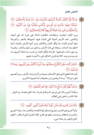 38
‫العام‬ ‫المعنى‬
‫ﮓ‬ ‫ﮒ‬ ‫ﮑ‬ ‫ﮐ‬ ‫ﮏ‬ ‫ﮎ‬ ‫ﮍ‬ ‫ﮌ‬ ‫ﮋ‬ ‫ﮊ‬ ‫ﮉ‬
‫ﮞ‬ ‫ﮝ‬ ‫ﮜ‬ ‫ﮛ‬ ‫ﮚ‬ ‫ﮙ‬ ‫ﮘ‬ ‫ﮗ‬ ‫ﮖ‬ ‫ﮕ‬ ‫ﮔ‬
‫ﮨ‬‫ﮧ‬‫ﮦ‬‫ﮥ‬‫ﮤ‬‫ﮣ‬‫ﮢ‬ ‫ﮡ‬‫ﮠ‬‫ﮟ‬
‫البعث‬ ‫على‬ ‫اهلل‬ ‫قدرة‬ ‫على‬ ‫الدالة‬ ‫الظاهرة‬ ‫والعالمات‬ ،‫الباهرة‬ ‫آيات‬‫ل‬‫ا‬ ‫ومن‬
‫أخرجنا‬�‫و‬ ،‫بالمطر‬ ‫أحييناها‬� ،‫فيها‬ ‫النبات‬ ‫التي‬ ‫الميتة‬ ‫أر�ض‬‫ل‬‫ا‬ ‫هذه‬ :‫والن�شور‬
‫أحيا‬� ‫بالنبات‬ ‫أر�ض‬‫ل‬‫ا‬ ‫أحيا‬� ‫ومن‬ ،‫أنعام‬‫ل‬‫وا‬ ‫النا�س‬ ‫أكل‬�‫ي‬ ‫مما‬ ‫النبات‬ ‫أنواع‬� ‫منها‬
‫وفجرنا‬ ،‫أعناب‬�‫و‬ ‫نخيل‬ ‫من‬ ‫ب�ساتين‬ ‫أر�ض‬‫ل‬‫ا‬ ‫هذه‬ ‫في‬ ‫وجعلنا‬ ،‫الممات‬ ‫بعد‬ ‫الخلق‬
‫مما‬ ‫أيديهم‬� ‫عملته‬ ‫مما‬ ،‫ثمره‬ ‫من‬ ‫العباد‬ ‫أكل‬�‫لي‬ ‫ذلك‬ ‫كل‬ , ‫ماي�سقيها‬ ‫الماء‬ ‫عيون‬ ‫من‬
.‫عليهم‬‫به‬‫أنعم‬�‫ما‬‫على‬‫الخالق‬‫ي�شكرون‬‫أفال‬�.‫وزرعوه‬‫غر�سوه‬
‫أنف�سهم‬�‫ومن‬.‫أر�ض‬‫ل‬‫ا‬‫نبات‬‫أنواع‬�‫من‬‫جميعا‬‫أ�صناف‬‫ل‬‫ا‬‫خلق‬‫الذي‬‫العظيم‬‫اهلل‬‫ّزه‬‫ن‬‫ت‬
.‫أخرى‬‫ل‬‫ا‬‫العجيبة‬‫اهلل‬‫مخلوقات‬‫من‬‫يعلمون‬‫ال‬‫ومما‬"‫إناثا‬�‫و‬‫ذكورا‬
‫ﯕ‬‫ﯔ‬ ‫ﯓ‬‫ﮱ‬‫ﮰ‬‫ﮯ‬‫ﮮ‬‫ﮭ‬‫ﮬ‬‫ﮫ‬ ‫ﮪ‬‫ﮩ‬
‫ﯗ‬‫ﯖ‬
، ‫النهار‬ ‫عن‬ ‫نف�صله‬ ‫الليل‬ ‫هذا‬ ،‫قدرته‬ ‫وكمال‬ ‫اهلل‬ ‫توحيد‬ ‫على‬ ‫دالة‬ ‫أخرى‬� ‫وعالمة‬
.‫الظالم‬‫في‬‫داخلون‬‫النا�س‬‫فاذا‬
‫ﯡ‬‫ﯠ‬‫ﯟ‬‫ﯞ‬ ‫ﯝ‬‫ﯜ‬‫ﯛ‬ ‫ﯚ‬‫ﯙ‬‫ﯘ‬
‫ﯫ‬ ‫ﯪ‬ ‫ﯩ‬ ‫ﯨ‬‫ﯧ‬ ‫ﯦ‬‫ﯥ‬ ‫ﯤ‬‫ﯣ‬‫ﯢ‬
‫الجري‬‫وهذا‬.‫عنه‬‫والتق�صر‬‫التتعداه‬‫لها‬‫لم�ستقر‬‫تجري‬‫ال�شم�س‬‫لهم‬‫أخرى‬�‫آية‬�‫و‬
‫العليم‬،‫يغالب‬‫ال‬‫الذي‬‫العزيز‬‫إله‬‫ل‬‫ا‬‫تقدير‬‫هو‬‫دقيق‬‫وبح�ساب‬,‫بانتظام‬‫والدوران‬
.‫�شيء‬‫عمله‬‫عن‬‫اليغيب‬‫الذي‬
 