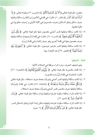 6
‫ﭑ‬‫ﭽ‬ :‫تعالى‬‫وقوله‬)٥٣:‫(ال�شورى‬‫ﭼ‬‫ﭾ‬‫ﭽ‬‫ﭼ‬ ‫ﭻ‬ ‫ﭺ‬‫ﭽ‬ ‫تعالى‬‫قوله‬‫مثل‬,‫مفتوح‬
‫وقبلها‬‫�ساكنة‬)‫َدر‬‫ق‬‫(ال‬‫و‬)‫أمور‬‫ل‬‫(ا‬‫كلمتي‬‫في‬‫فالراء‬,)١:‫(القدر‬‫ﭼ‬‫ﭕ‬‫ﭔ‬‫ﭓ‬‫ﭒ‬
‫في‬ )‫مفتوح‬ ‫(حرف‬ ‫و‬ ‫أولى‬‫ل‬‫ا‬ ‫آية‬‫ل‬‫ا‬ ‫في‬ )‫م�ضموم‬ ‫(حرف‬ ‫ال�ساكن‬ ‫وقبل‬ ‫�ساكن‬ ‫حرف‬
.‫الثانية‬‫آية‬‫ل‬‫ا‬
‫ﯚ‬‫ﯙ‬‫ﭽ‬ :‫تعالى‬ ‫قوله‬ ‫مثل‬ ‫عنها‬ ‫مف�صول‬ ‫أ�صلي‬� ‫ك�سر‬ ‫وقبلها‬ ‫�ساكنة‬ ‫كانت‬ ‫إذا‬� -8
‫وقبلها‬‫�ساكنة‬)‫حمهما‬ْ‫ر‬‫(ا‬‫كلمة‬‫في‬‫فالراء‬.)٢٤:‫إ�سراء‬‫ل‬‫(ا‬‫ﭼ‬‫ﯞ‬‫ﯝ‬‫ﯜ‬‫ﯛ‬
.)ِّ‫(رب‬‫كلمة‬‫في‬)‫(الباء‬‫حرف‬‫وهو‬‫أخرى‬�‫كلمة‬‫في‬‫عنها‬‫مف�صول‬‫حرف‬
‫ﭧ‬ ‫ﭦ‬ ‫ﭥ‬‫ﭽ‬ :‫تعالى‬ ‫قوله‬ ‫مثل‬ ,‫مو�صول‬ ‫عار�ض‬ ‫ك�سر‬ ‫وقبلها‬ ‫�ساكنة‬ ‫كانت‬ ‫إذا‬� -9
.‫بها‬‫إبتداء‬‫ل‬‫ا‬‫عند‬)٢٨:‫(الفجر‬‫ﭼ‬‫ﭩ‬‫ﭨ‬
:‫الترقيق‬-ً‫ا‬‫ثاني‬
:‫آتية‬‫ل‬‫ا‬‫الحاالت‬‫في‬‫مرققة‬‫الراء‬‫وترد‬،‫الحرف‬‫تنحيف‬‫وهو‬
)٩١ :‫(ال�شعراء‬ ‫ﭼ‬‫ﭾ‬‫ﭽ‬‫ﭼ‬‫ﭽ‬ :‫تعالى‬ ‫قوله‬ ‫مثل‬ ‫مك�سورة‬ ‫كانت‬ ‫إذا‬� -1
.‫مك�سورة‬)‫زت‬ِّ‫ر‬ُ‫ب‬(‫كلمة‬‫في‬‫الم�شددة‬‫فالراء‬
‫تعالى‬ ‫قوله‬ ‫مثل‬ ،‫ا�ستعالء‬ ‫حرف‬ ‫بعدها‬ ‫أت‬�‫ي‬ ‫ولم‬ ‫أ�صلي‬� ‫ك�سر‬ ‫وقبلها‬ ‫�ساكنة‬ ‫كانت‬ ‫إذا‬� -2
)‫عة‬ُ‫ر‬ ِ‫(�ش‬ ‫كلمة‬ ‫في‬ ‫فالراء‬ )٤٨ :‫(المائدة‬ ‫ﮞﭼ‬‫ﮝ‬‫ﮜ‬‫ﮛ‬‫ﮚ‬‫ﭽ‬
.‫ا�ستعالء‬‫حرف‬‫بعدها‬‫أت‬�‫ي‬‫ولم‬‫أ�صلي‬�‫ك�سر‬‫مك�سور‬‫حرف‬‫وقبلها‬‫�ساكنة‬
‫ﯧ‬‫ﭽ‬ :‫تعالى‬ ‫قوله‬ ‫مثل‬ ‫�ساكنة‬ )‫(ياء‬ ‫وقبلها‬ ‫عار�ضا‬ ‫�سكونا‬ ‫�ساكنة‬ ‫الراء‬ ‫كانت‬ ‫إذا‬� -3
.)٦٣:‫(الحج‬ ‫ﭼ‬‫ﯪ‬‫ﯩ‬‫ﯨ‬
،‫ك�سر‬ ‫ال�ساكن‬ ‫وقبل‬ )‫الياء‬ ‫(عدا‬ ‫�ساكن‬ ‫وقبلها‬ ‫عار�ضا‬ ‫�سكونا‬ ‫�ساكنة‬ ‫الراء‬ ‫كانت‬ ‫إذا‬� -4
.)‫�ص‬:1(‫ﭼ‬‫ﭕ‬‫ﭔ‬‫ﭓ‬‫ﭒ‬‫ﭑ‬‫ﭽ‬ :‫تعالى‬‫قوله‬‫مثل‬
 
