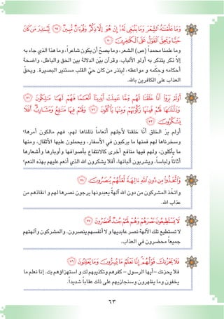 63
‫به‬‫جاء‬‫الذي‬‫هذا‬‫وما‬،ً‫ا‬‫�شاعر‬‫يكون‬‫أن‬� ّ‫ي�صح‬‫وما‬،‫ال�شعر‬)‫(�ص‬ً‫ا‬‫محمد‬‫علمنا‬‫وما‬
‫وا�ضحة‬ ،‫والباطل‬ ‫الحق‬ ‫بين‬ ‫الداللة‬ ‫ن‬ّ‫ي‬‫ب‬ ‫آن‬�‫وقر‬ ،‫ألباب‬‫ل‬‫ا‬ ‫أولو‬� ‫به‬ ‫يتذكر‬ ‫ذكر‬ ّ‫ال‬‫إ‬�
ّ‫ويحق‬ .‫الب�صيرة‬ ‫م�ستنير‬ ‫القلب‬ ّ‫حي‬ ‫كان‬ ‫من‬ ‫ِينذر‬‫ل‬ ،‫مواعظه‬ ‫و‬ ‫مه‬َ‫ك‬ ِ‫وح‬ ‫أحكامه‬�
.‫باهلل‬‫الكافرين‬‫على‬‫العذاب‬
‫ﯻ‬‫ﯺ‬‫ﯹ‬‫ﯸ‬‫ﯷ‬‫ﯶ‬‫ﯵ‬‫ﯴ‬‫ﯳ‬ ‫ﯲ‬‫ﯱ‬‫ﯰ‬‫ﯯ‬‫ﯮ‬‫ﯭ‬‫ﯬ‬‫ﯫ‬
‫ﰁ‬‫ﰀ‬‫ﯿ‬‫ﯾ‬‫ﯽ‬‫ﯼ‬
‫أمرها؟‬� ‫مالكون‬ ‫فهم‬ ،‫لهم‬ ‫ذللناها‬ ً‫ا‬‫أنعام‬� ‫أجلهم‬‫ل‬ ‫خلقنا‬ ‫ّا‬‫ن‬‫أ‬� ‫الخلق‬ َ‫ر‬‫ي‬ ‫أولم‬�
‫ومنها‬ ،‫أثقال‬‫ل‬‫ا‬ ‫عليها‬ ‫ويحملون‬ ،‫أ�سفار‬‫ل‬‫ا‬ ‫في‬ ‫يركبون‬ ‫ما‬ ‫فمنها‬ ‫لهم‬ ‫و�سخرناها‬
‫أ�شعارها‬�‫و‬ ‫أوبارها‬�‫و‬ ‫أ�صوافها‬�‫ب‬ ‫كاالنتفاع‬ ‫أخرى‬� ‫منافع‬ ‫فيها‬ ‫ولهم‬ ،‫أكلون‬�‫ي‬ ‫ما‬
‫النعم؟‬‫بهذه‬‫عليهم‬‫أنعم‬�‫الذي‬‫اهلل‬‫ي�شكرون‬‫أفال‬�،‫ألبانها‬�‫وي�شربون‬،ً‫ا‬‫ولبا�س‬ ً‫ا‬‫أثاث‬�
‫ﭝ‬ ‫ﭜ‬ ‫ﭛ‬ ‫ﭚ‬ ‫ﭙ‬ ‫ﭘ‬ ‫ﭗ‬ ‫ﭖ‬ ‫ﭕ‬ ‫ﭔ‬ ‫ﭓ‬ ‫ﭒ‬ ‫ﭑ‬
‫ﭪ‬ ‫ﭩ‬‫ﭨ‬ ‫ﭧ‬ ‫ﭦ‬ ‫ﭥ‬ ‫ﭤ‬ ‫ﭣ‬ ‫ﭢ‬ ‫ﭡ‬ ‫ﭠ‬ ‫ﭟ‬ ‫ﭞ‬
‫ﭬ‬‫ﭫ‬
‫من‬‫انقاذهم‬‫و‬‫لهم‬‫ن�صرها‬‫يرجون‬‫يعبدونها‬ ً‫ة‬‫آله‬�‫اهلل‬‫دون‬‫من‬‫الم�شركون‬‫ذ‬ّ‫واتخ‬
.‫اهلل‬‫عذاب‬
‫ﭴ‬‫ﭳ‬‫ﭲ‬‫ﭱ‬‫ﭰ‬‫ﭯ‬‫ﭮ‬‫ﭭ‬
‫آلهتهم‬�‫و‬‫والم�شركون‬.‫ين�صرون‬‫أنف�سهم‬�‫ال‬‫و‬‫عابديها‬‫ن�صر‬‫آلهة‬‫ل‬‫ا‬‫تلك‬‫ت�ستطيع‬‫ال‬
.‫العذاب‬‫في‬‫مح�ضرون‬ ً‫ا‬‫جميع‬
‫ﭼ‬‫ﭻ‬‫ﭺ‬‫ﭹ‬‫ﭸ‬‫ﭷ‬‫ﭶ‬‫ﭵ‬
‫ما‬‫نعلم‬‫إنا‬�.‫بك‬‫ؤهم‬�‫ا�ستهزا‬‫و‬‫لك‬‫وتكذيبهم‬‫كفرهم‬-‫الر�سول‬‫أيها‬�-‫يحزنك‬‫فال‬
.ً‫ا‬‫�شديد‬ ً‫ا‬‫عقاب‬‫ذلك‬‫على‬‫و�سنجازيهم‬‫يظهرون‬‫وما‬‫يخفون‬
‫ﮇ‬‫ﮆ‬‫ﮅ‬‫ﮄ‬‫ﮃ‬‫ﮂ‬‫ﮁ‬‫ﮀ‬‫ﭿ‬‫ﭾ‬‫ﭽ‬
 