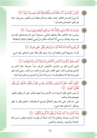 64
‫ﮓ‬‫ﮒ‬ ‫ﮑ‬‫ﮐ‬‫ﮏ‬‫ﮎ‬‫ﮍ‬‫ﮌ‬‫ﮋ‬‫ﮊ‬ ‫ﮉ‬‫ﮈ‬
‫فاذا‬،َ‫ر‬‫ِب‬‫ك‬‫حتى‬‫أطوار‬�‫ب‬‫ت‬ّ‫ر‬‫م‬‫نطفة‬‫كان‬‫منذ‬‫خلقه‬‫ابتداء‬‫الكافر‬‫إن�سان‬‫ل‬‫ا‬ َّ‫ر‬‫ي‬‫لم‬‫أو‬�
‫؟‬‫والجدال‬‫الخ�صام‬‫كثير‬‫هو‬
‫إن�سان‬‫ل‬‫ا‬ ‫إعادةخلق‬� ‫اهلل‬ ‫على‬ ً‫ا‬‫م�ستبعد‬ ،‫البالي‬ ‫بالعظم‬ ً‫ال‬‫مث‬ ‫الكافر‬ ‫هذا‬ ‫و�ضرب‬
‫المتفتتة؟‬‫البالية‬‫العظام‬‫حيي‬ُ‫ي‬ ْ‫ن‬َ‫م‬‫فقال‬،‫أناه‬�‫ش‬�‫أن‬�‫ّا‬‫ن‬‫أ‬�‫ون�سي‬،‫وفنائه‬‫موته‬‫بعد‬
‫ﮠ‬‫ﮟ‬‫ﮞ‬‫ﮝ‬‫ﮜ‬‫ﮛ‬‫ﮚ‬‫ﮙ‬‫ﮘ‬‫ﮗ‬‫ﮖ‬‫ﮕ‬‫ﮔ‬
.‫�شيء‬‫عليه‬‫اليخفى‬،‫عليم‬‫خلقه‬ ّ‫ل‬‫بك‬‫وهو‬،‫ة‬ّ‫ر‬‫م‬‫أول‬�‫خلقها‬‫الذي‬‫يحييها‬:‫له‬‫قل‬
‫ﮬ‬‫ﮫ‬‫ﮪ‬ ‫ﮩ‬‫ﮨ‬‫ﮧ‬‫ﮦ‬‫ﮥ‬‫ﮤ‬‫ﮣ‬‫ﮢ‬‫ﮡ‬
‫ﯙ‬‫ﯘ‬‫ﯗ‬‫ﯖ‬‫ﯕ‬‫ﯔ‬‫ﯓ‬ ‫ﮱ‬ ‫ﮰ‬‫ﮯ‬‫ﮮ‬‫ﮭ‬
‫من‬ ‫أنتم‬� ‫فاذا‬ ،‫محرقة‬ ً‫ا‬‫نار‬ ‫الرطب‬ ‫أخ�ضر‬‫ل‬‫ا‬ ‫ال�شجر‬ ‫من‬ ‫لكم‬ ‫أخرج‬� ‫الذي‬
‫دليل‬ ‫ذلك‬ ‫وفي‬ ،‫ال�ضد‬ ‫من‬ ‫ال�ضد‬ ‫إخراج‬� ‫على‬ ‫القادر‬ ‫فهو‬ ،‫النار‬ ‫ال�شجرتوقدون‬
.‫أحياء‬�‫قبورهم‬‫من‬‫الموتى‬‫إخراج‬�‫ذلك‬‫ومن‬،‫قدرته‬‫وعظيم‬‫اهلل‬‫وحدانية‬‫على‬
‫ﯦ‬‫ﯥ‬‫ﯤ‬‫ﯣ‬‫ﯢ‬‫ﯡ‬‫ﯠ‬ ‫ﯟ‬ ‫ﯞ‬ ‫ﯝ‬‫ﯜ‬ ‫ﯛ‬‫ﯚ‬
‫ﯩ‬‫ﯨ‬ ‫ﯧ‬
،‫مثلهم‬ ‫يخلق‬ ‫أن‬� ‫على‬ ‫بقادر‬ ‫فيهما‬ ‫وما‬ ‫أر�ض‬‫ل‬‫ا‬ ‫و‬ ‫ال�سموات‬ ‫خلق‬ ‫الذي‬ ‫لي�س‬ ‫أو‬�
‫أهم؟‬�‫بد‬‫كما‬‫فيعيدهم‬
‫خلق‬ ‫ما‬ ‫بكل‬ ‫العليم‬ ،‫المخلوقات‬ ‫لجميع‬ ّ‫الخالق‬ ‫وهو‬ ‫ذلك‬ ‫على‬ ‫قادر‬ ‫إنه‬� .‫بلى‬
.‫�شيء‬‫عليه‬‫يخفى‬‫ال‬،‫ويخلق‬
‫ﯴ‬‫ﯳ‬‫ﯲ‬‫ﯱ‬‫ﯰ‬‫ﯯ‬‫ﯮ‬‫ﯭ‬ ‫ﯬ‬‫ﯫ‬ ‫ﯪ‬
‫ذلك‬ ‫ومن‬ ،‫فيكون‬ )‫(كن‬ ‫له‬ ‫يقول‬ ‫أن‬� ً‫ا‬‫�شيئ‬ ‫أراد‬� ‫إذا‬� ‫وتعالى‬ ‫�سبحانه‬ ‫أمره‬� ‫إنما‬�
‫والن�شور‬‫والبعث‬،‫إحياء‬‫ل‬‫وا‬‫إماتة‬‫ل‬‫ا‬
 