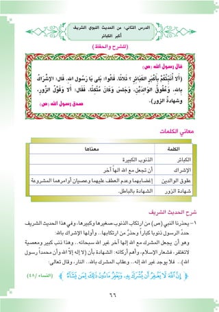 66
‫ال�رشيف‬ ‫النبوي‬ ‫احلديث‬ ‫من‬ :‫الثاين‬ ‫الدر�س‬
‫الكبائر‬ ‫أكرب‬�
‫الكلمة‬‫معناها‬
‫الكبائر‬‫الكبيرة‬‫الذنوب‬
‫إ�شراك‬‫ل‬‫ا‬‫آخر‬� ً‫ا‬‫اله‬‫اهلل‬‫مع‬‫تجعل‬‫أن‬�
‫الوالدين‬‫عقوق‬‫الم�شروعة‬‫أوامرهما‬�‫وع�صيان‬‫عليهما‬‫العطف‬‫وعدم‬‫إغ�ضابهما‬�
	‫الزور‬‫�شهادة‬.‫بالباطل‬‫ال�شهادة‬
‫الكلمات‬ ‫معاني‬
‫ال�شريف‬‫الحديث‬‫�شرح‬
)‫والحفظ‬‫(لل�شرح‬
)‫(�ص‬‫اهلل‬‫ر�سول‬‫�صدق‬
)‫(�ص‬‫اهلل‬‫ر�سول‬‫قال‬
ُ‫اك‬َ‫ر‬ ْ‫إ�ش‬‫ل‬‫ا‬ :‫ال‬َ‫ق‬ .ِ‫هلل‬‫ا‬ ‫ول‬ ُ‫�س‬َ‫ر‬ ‫ا‬َ‫ي‬ ‫لى‬َ‫ب‬ :‫وا‬ُ‫ل‬‫ا‬َ‫ق‬ .‫ا‬ً‫ث‬‫ال‬َ‫ث‬ ‫؟‬ ِ‫ر‬ِ‫ئ‬‫ا‬َ‫ب‬َ‫ك‬‫ال‬ ِ‫ر‬َ‫ب‬ْ‫ك‬َ‫أ‬�ِ‫ب‬ ْ‫م‬ُ‫ك‬ُ‫ئ‬ِّ‫ب‬َ‫ن‬ُ‫أ‬� ‫ال‬َ‫أ‬�(
،ِ‫ور‬ُّ‫ز‬‫ال‬ ُ‫ل‬ْ‫و‬َ‫ق‬َ‫و‬ ‫ال‬َ‫أ‬� :‫ال‬َ‫ق‬َ‫ف‬ ،‫ا‬ً‫ئ‬ِ‫ك‬َّ‫ت‬ُ‫م‬ َ‫ان‬َ‫ك‬َ‫و‬ َ‫ل�س‬ َ‫ج‬َ‫و‬ ،ِ‫ن‬ْ‫ي‬َ‫د‬ِ‫ل‬‫ا‬َ‫و‬‫ال‬ ُ‫وق‬ُ‫ق‬ُ‫ع‬َ‫و‬ ،ِ‫هلل‬‫ا‬ِ‫ب‬
.)‫الزور‬ ُ‫ة‬‫و�شهاد‬
‫ال�شريف‬‫الحديث‬‫هذا‬‫وفي‬،‫وكبيرها‬‫�صغيرها‬‫الذنوب‬‫ارتكاب‬‫من‬)‫(�ص‬‫النبي‬‫يحذرنا‬-1
:‫باهلل‬‫إ�شراك‬‫ل‬‫ا‬‫أولها‬�‫و‬..‫ارتكابها‬‫من‬ َّ‫ر‬‫وحذ‬ ً‫ا‬‫كبار‬‫ذنوبا‬‫الر�سول‬ ّ‫د‬‫حد‬
‫ومع�صية‬ ‫كبير‬ ‫ذنب‬ ‫وهذا‬ ..‫�سبحانه‬ ‫اهلل‬ ‫غير‬ ‫آخر‬� ‫إلها‬� ‫اهلل‬ ‫مع‬ ‫الم�شرك‬ ‫يجعل‬ ‫أن‬� ‫وهو‬
‫ر�سول‬ ً‫ا‬‫محمد‬‫أن‬�‫و‬‫اهلل‬ّ‫ال‬‫إ‬�‫إله‬�‫(ال‬‫أن‬�‫ب‬‫ال�شهادة‬:‫أركانه‬�‫أهم‬�‫و‬،‫إ�سالم‬‫ل‬‫ا‬‫ف�شعار‬،‫التغتفر‬
:‫تعالى‬‫وقال‬،‫النار‬..‫باهلل‬‫الم�شرك‬‫وعقاب‬..‫إله‬�‫اهلل‬‫غير‬‫يوجد‬‫فال‬ ..)‫اهلل‬
‫ﭼ‬‫ﮮ‬‫ﮭ‬‫ﮬ‬‫ﮫ‬‫ﮪ‬‫ﮩ‬ ‫ﮨ‬‫ﮧ‬‫ﮦ‬‫ﮥ‬‫ﮤ‬‫ﮣ‬‫ﮢ‬‫ﭽ‬)48/‫(الن�ساء‬
 