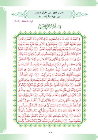 78
‫الكرمي‬ ‫آن‬�‫القر‬ ‫من‬ :‫االول‬ ‫الدر�س‬
)23 -1( ‫أ‬�‫�سب‬ ‫�سورة‬ ‫من‬
)6-1( ‫الحفظ‬‫آيات‬�
‫ﭟ‬‫ﭞ‬‫ﭝ‬ ‫ﭜ‬ ‫ﭛ‬‫ﭚ‬‫ﭙ‬‫ﭘ‬‫ﭗ‬‫ﭖ‬‫ﭕ‬‫ﭔ‬‫ﭓ‬‫ﭒ‬‫ﭑ‬‫ﭽ‬
‫ﭭ‬‫ﭬ‬‫ﭫ‬‫ﭪ‬‫ﭩ‬‫ﭨ‬‫ﭧ‬‫ﭦ‬‫ﭥ‬‫ﭤ‬‫ﭣ‬‫ﭢ‬ ‫ﭡ‬ ‫ﭠ‬
‫ﭺ‬‫ﭹ‬‫ﭸ‬‫ﭷ‬‫ﭶ‬‫ﭵ‬‫ﭴ‬‫ﭳ‬‫ﭲ‬‫ﭱ‬‫ﭰ‬‫ﭯ‬‫ﭮ‬
‫ﮉ‬‫ﮈ‬‫ﮇ‬‫ﮆ‬‫ﮅ‬‫ﮄ‬‫ﮃ‬‫ﮂ‬‫ﮁ‬‫ﮀ‬‫ﭿ‬‫ﭾ‬‫ﭽ‬‫ﭼ‬‫ﭻ‬
‫ﮕ‬ ‫ﮔ‬ ‫ﮓ‬‫ﮒ‬ ‫ﮑ‬‫ﮐ‬‫ﮏ‬‫ﮎ‬‫ﮍ‬‫ﮌ‬‫ﮋ‬‫ﮊ‬
‫ﮠ‬‫ﮟ‬‫ﮞ‬‫ﮝ‬ ‫ﮜ‬‫ﮛ‬‫ﮚ‬‫ﮙ‬‫ﮘ‬‫ﮗ‬ ‫ﮖ‬
‫ﮪ‬ ‫ﮩ‬ ‫ﮨ‬ ‫ﮧ‬ ‫ﮦ‬ ‫ﮥ‬ ‫ﮤ‬ ‫ﮣ‬ ‫ﮢ‬ ‫ﮡ‬
‫ﯖ‬ ‫ﯕ‬ ‫ﯔ‬ ‫ﯓ‬ ‫ﮱ‬ ‫ﮰ‬ ‫ﮯ‬ ‫ﮮ‬ ‫ﮭ‬ ‫ﮬ‬ ‫ﮫ‬
‫ﯢ‬‫ﯡ‬‫ﯠ‬‫ﯟ‬‫ﯞ‬ ‫ﯝ‬‫ﯜ‬‫ﯛ‬ ‫ﯚ‬‫ﯙ‬ ‫ﯘ‬‫ﯗ‬
‫ﯯ‬‫ﯮ‬‫ﯭ‬‫ﯬ‬‫ﯫ‬‫ﯪ‬‫ﯩ‬‫ﯨ‬ ‫ﯧ‬‫ﯦ‬‫ﯥ‬‫ﯤ‬‫ﯣ‬
‫ﭙ‬‫ﭘ‬‫ﭗ‬‫ﭖ‬‫ﭕ‬ ‫ﭔ‬‫ﭓ‬‫ﭒ‬‫ﭑ‬‫ﯵ‬‫ﯴ‬‫ﯳ‬ ‫ﯲ‬‫ﯱ‬‫ﯰ‬
‫ﭧ‬‫ﭦ‬‫ﭥ‬‫ﭤ‬‫ﭣ‬‫ﭢ‬‫ﭡ‬‫ﭠ‬‫ﭟ‬‫ﭞ‬‫ﭝ‬‫ﭜ‬‫ﭛ‬‫ﭚ‬
‫ﭳ‬‫ﭲ‬‫ﭱ‬‫ﭰ‬‫ﭯ‬‫ﭮ‬‫ﭭ‬‫ﭬ‬‫ﭫ‬‫ﭪ‬‫ﭩ‬‫ﭨ‬
‫ﮁ‬‫ﮀ‬ ‫ﭿ‬‫ﭾ‬‫ﭽ‬‫ﭼ‬‫ﭻ‬‫ﭺ‬‫ﭹ‬‫ﭸ‬ ‫ﭷ‬‫ﭶ‬‫ﭵ‬‫ﭴ‬
‫ﮐ‬‫ﮏ‬‫ﮎ‬‫ﮍ‬‫ﮌ‬‫ﮋ‬‫ﮊ‬ ‫ﮉ‬‫ﮈ‬‫ﮇ‬‫ﮆ‬‫ﮅ‬‫ﮄ‬‫ﮃ‬‫ﮂ‬
‫ﮞ‬ ‫ﮝ‬‫ﮜ‬‫ﮛ‬‫ﮚ‬‫ﮙ‬‫ﮘ‬‫ﮗ‬‫ﮖ‬‫ﮕ‬‫ﮔ‬‫ﮓ‬‫ﮒ‬‫ﮑ‬
‫ﮩ‬‫ﮨ‬‫ﮧ‬‫ﮦ‬‫ﮥ‬‫ﮤ‬‫ﮣ‬‫ﮢ‬‫ﮡ‬‫ﮠ‬‫ﮟ‬
 