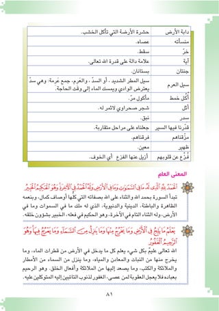 81
‫العام‬ ‫المعنى‬
‫أر�ض‬‫ل‬‫ا‬‫دابة‬.‫الخ�شب‬‫أكل‬�‫ت‬‫التي‬‫أر�ضة‬‫ل‬‫ا‬‫ح�شرة‬
‫أته‬�‫من�س‬.‫ع�صاه‬
ّ‫ر‬‫خ‬.‫�سقط‬
‫آية‬�.‫تعالى‬‫اهلل‬‫قدرة‬‫على‬‫دالة‬‫عالمة‬
‫جنتان‬.‫ب�ستانان‬
‫العرم‬‫�سيل‬ّ‫د‬‫�س‬‫وهي‬:‫ِمة‬‫ر‬َ‫ع‬‫جمع‬،‫ِم‬‫ر‬َ‫ع‬‫وال‬، ّ‫د‬‫ال�س‬‫أو‬�،‫ال�شديد‬‫المطر‬‫�سيل‬
.‫الحاجة‬‫وقت‬‫إلى‬�‫الماء‬‫ويم�سك‬‫الوادي‬‫يعتر�ض‬
‫خمط‬‫ـل‬ُ‫ك‬ُ‫أ‬�.ّ‫ر‬‫م‬‫أكول‬�‫م‬
‫أثل‬�.‫له‬‫الثمر‬‫�صحراوي‬‫�شجر‬
‫در‬ ِ‫�س‬.‫نبق‬
‫ال�سير‬‫فيها‬‫رنا‬ّ‫د‬‫ق‬.‫متقاربة‬‫مراحل‬‫على‬‫جعلناه‬
‫ّقناهم‬‫ز‬‫م‬.‫فرقناهم‬
‫ظهير‬.‫معين‬
‫قلوبهم‬‫عن‬‫ِّع‬‫ز‬‫ُـ‬‫ف‬.‫الخوف‬‫أي‬� ‫الفزع‬‫عنها‬‫أزيل‬�
‫وبنعمه‬،‫كمال‬‫أو�صاف‬�‫ها‬ُّ‫ل‬‫ك‬‫التي‬‫ب�صفاته‬‫اهلل‬‫على‬‫والثناء‬‫اهلل‬‫بحمد‬‫ال�سورة‬‫أ‬�‫تبد‬
‫في‬ ‫وما‬ ‫ال�سموات‬ ‫في‬ ‫ما‬ ‫ملك‬ ‫له‬ ‫الذي‬ ،‫والدنيوية‬ ‫الدينية‬ ،‫والباطنة‬ ‫الظاهرة‬
.‫خلقه‬‫ؤون‬�‫ش‬�‫ب‬‫الخبير‬،‫فعله‬‫في‬‫الحكيم‬‫وهو‬،‫آخرة‬‫ل‬‫ا‬‫في‬‫التام‬‫الثناء‬‫وله‬،‫أر�ض‬‫ل‬‫ا‬
‫ﭢ‬‫ﭡ‬‫ﭠ‬‫ﭟ‬‫ﭞ‬‫ﭝ‬‫ﭜ‬‫ﭛ‬‫ﭚ‬‫ﭙ‬‫ﭘ‬‫ﭗ‬‫ﭖ‬‫ﭕ‬‫ﭔ‬‫ﭓ‬‫ﭒ‬‫ﭑ‬
‫ﭴ‬‫ﭳ‬‫ﭲ‬‫ﭱ‬‫ﭰ‬‫ﭯ‬‫ﭮ‬‫ﭭ‬‫ﭬ‬‫ﭫ‬‫ﭪ‬‫ﭩ‬‫ﭨ‬‫ﭧ‬‫ﭦ‬‫ﭥ‬‫ﭤ‬
‫ﭶ‬‫ﭵ‬
‫وما‬ ،‫الماء‬ ‫قطرات‬ ‫من‬ ‫أر�ض‬‫ل‬‫ا‬ ‫في‬ ‫يدخل‬ ‫ما‬ ‫كل‬ ‫يعلم‬ ‫�شيء‬ ‫بكل‬ ٌ‫م‬‫علي‬ ‫تعالى‬ ‫اهلل‬
‫أمطار‬‫ل‬‫ا‬ ‫من‬ ‫ال�سماء‬ ‫من‬ ‫ينزل‬ ‫وما‬ ،‫والمياه‬ ‫والمعادن‬ ‫النبات‬ ‫من‬ ‫منها‬ ‫يخرج‬
‫الرحيم‬ ‫وهو‬ .‫الخلق‬ ‫أفعال‬�‫و‬ ‫المالئكة‬ ‫من‬ ‫إليها‬� ‫ي�صعد‬ ‫وما‬ ،‫والكتب‬ ‫والمالئكة‬
.‫عليه‬‫المتوكلين‬‫إليه‬�‫التائبين‬‫لذنوب‬‫الغفور‬،‫ع�صى‬ ‫لمن‬‫العقوبة‬‫يعجل‬‫فال‬‫بعباده‬
 