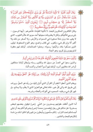 82
:-‫الر�سول‬ ‫أيها‬�- ‫أخبرهم‬�‫ف‬ ،‫القيامة‬ ‫أتينا‬�‫ت‬ ‫ال‬ :‫للبعث‬ ‫المنكرون‬ ‫الكافرون‬ ‫وقال‬
‫الذي‬،‫الغيوب‬‫م‬ّ‫ال‬‫ع‬‫اهلل‬‫�سوى‬‫أحد‬�‫مجيئها‬‫وقت‬‫يعلم‬‫ال‬‫ولكن‬،‫َّكم‬‫ن‬‫أتي‬�‫لت‬‫وربي‬‫بلى‬
‫وال‬ ‫ذلك‬ ‫من‬ ‫أ�صغر‬� ‫وال‬ ،‫أر�ض‬‫ل‬‫وا‬ ‫ال�سموات‬ ‫في‬ ‫�صغيرة‬ ‫نملة‬ ‫وزن‬ ‫عنه‬ ‫يغيب‬ ‫ال‬
‫ليثيب‬ :‫المحفوظ‬ ‫اللوح‬ ‫وهو‬ ،‫وا�ضح‬ ‫كتاب‬ ‫في‬ ‫مكتوب‬ ‫�شيء‬ ‫كل‬ ‫إن‬�‫و‬ ‫أال‬� ‫أكبر‬�
‫مغفرة‬ ‫لهم‬ ‫أولئك‬� .‫ال�صالحات‬ ‫وعملوا‬ ،‫ر�سوله‬ ‫عوا‬َ‫ب‬َّ‫ت‬‫وا‬ ،‫باهلل‬ ‫قوا‬َّ‫د‬‫�ص‬ ‫الذين‬
.‫الجنة‬‫وهو‬،‫كريم‬‫ورزق‬‫لذنوبهم‬
‫ﮆ‬ ‫ﮅ‬‫ﮄ‬ ‫ﮃ‬ ‫ﮂ‬ ‫ﮁ‬ ‫ﮀ‬ ‫ﭿ‬ ‫ﭾ‬‫ﭽ‬ ‫ﭼ‬ ‫ﭻ‬ ‫ﭺ‬ ‫ﭹ‬ ‫ﭸ‬
‫ﮓ‬ ‫ﮒ‬ ‫ﮑ‬ ‫ﮐ‬ ‫ﮏ‬ ‫ﮎ‬ ‫ﮍ‬ ‫ﮌ‬ ‫ﮋ‬ ‫ﮊ‬ ‫ﮉ‬ ‫ﮈ‬ ‫ﮇ‬
‫ﮞ‬ ‫ﮝ‬ ‫ﮜ‬ ‫ﮛ‬ ‫ﮚ‬‫ﮙ‬ ‫ﮘ‬ ‫ﮗ‬ ‫ﮖ‬ ‫ﮕ‬ ‫ﮔ‬
‫ﮦ‬‫ﮥ‬‫ﮤ‬‫ﮣ‬‫ﮢ‬‫ﮡ‬‫ﮠ‬‫ﮟ‬
‫مخالفين‬ ‫آياتنا‬� ‫إبطال‬�‫و‬ ‫ر�سله‬ ‫وتكذيب‬ ‫اهلل‬ ‫�سبيل‬ ‫عن‬ ِّ‫د‬‫ال�ص‬ ‫في‬ ‫�سعوا‬ ‫والذين‬
.‫ا‬ً‫م‬‫أل‬�‫أ�شده‬�‫و‬‫العذاب‬‫أ‬�‫أ�سو‬�‫لهم‬‫أولئك‬�،‫أمره‬�‫مغالبين‬‫اهلل‬‫أوامر‬�
‫ﮱ‬‫ﮰ‬‫ﮯ‬‫ﮮ‬‫ﮭ‬‫ﮬ‬‫ﮫ‬‫ﮪ‬‫ﮩ‬‫ﮨ‬‫ﮧ‬
‫وير�شد‬ ،ّ‫الحق‬ ‫هو‬ ‫ك‬ّ‫ب‬‫ر‬ ‫من‬ ‫إليك‬� ‫نزل‬ُ‫أ‬� ‫الذي‬ ‫آن‬�‫القر‬ ‫أن‬� ‫العلم‬ ‫عطوا‬ُ‫أ‬� ‫الذين‬ ‫ويعلم‬
‫بل‬ ،‫يمانع‬ ‫وال‬ ‫ب‬َ‫ل‬‫يغ‬ ‫ال‬ ‫الذي‬ ‫هوالعزيز‬ ‫تعالى‬ ‫فاهلل‬ ،‫خير‬ ِّ‫ل‬‫ك‬ ‫والى‬ ‫اهلل‬ ‫طريق‬ ‫إلى‬�
.‫و�شرعه‬‫أفعاله‬�‫و‬‫أقواله‬�‫في‬‫المحمود‬،‫وغلبه‬‫�شيء‬‫كل‬‫قهر‬
‫ﯠ‬‫ﯟ‬‫ﯞ‬ ‫ﯝ‬‫ﯜ‬‫ﯛ‬ ‫ﯚ‬‫ﯙ‬ ‫ﯘ‬ ‫ﯗ‬‫ﯖ‬‫ﯕ‬‫ﯔ‬
‫ﯣ‬ ‫ﯢ‬‫ﯡ‬
‫لبع�ض‬ ‫بع�ضهم‬ ‫فيقول‬ )‫(�ص‬ ‫ي‬ّ‫ب‬‫الن‬ ‫من‬ ‫ي�سخرون‬ ‫عقولهم‬ ‫أغلقت‬� ‫الذين‬ ‫أما‬�
‫تبلى‬‫أن‬�‫بعد‬‫أنكم‬�‫يخبركم‬)‫(�ص‬‫ا‬ً‫د‬‫محم‬‫(يق�صدون‬‫رجل‬‫على‬‫ندلكم‬‫هل‬:‫ب�سخرية‬
‫�شدة‬‫ِن‬‫م‬‫ذلك‬‫قالوا‬‫قبوركم؟‬‫من‬‫ُبعثون‬‫ت‬‫و‬‫ُحيون‬‫ت‬‫�س‬‫إنكم‬�،‫التراب‬‫تحت‬‫أج�سامكم‬�
.‫والن�شور‬‫للبعث‬‫إنكارهم‬�
‫ﯴ‬‫ﯳ‬‫ﯲ‬‫ﯱ‬‫ﯰ‬‫ﯯ‬‫ﯮ‬‫ﯭ‬‫ﯬ‬‫ﯫ‬‫ﯪ‬‫ﯩ‬‫ﯨ‬‫ﯧ‬‫ﯦ‬‫ﯥ‬
 