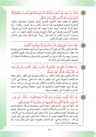 86
‫ﮡ‬‫ﮠ‬‫ﮟ‬‫ﮞ‬‫ﮝ‬‫ﮜ‬‫ﮛ‬‫ﮚ‬‫ﮙ‬‫ﮘ‬‫ﮗ‬
‫ﮪ‬‫ﮩ‬‫ﮨ‬‫ﮧ‬‫ﮦ‬‫ﮥ‬‫ﮤ‬‫ﮣ‬‫ﮢ‬
‫وطلبوا‬ ‫معي�شتهم‬ ‫فبطروا‬ ‫المنال‬ ‫القريبة‬ ‫التجارة‬ ‫بهذه‬ ‫يقنعوا‬ ‫لم‬ ‫ولكنهم‬
‫ربنا‬ :‫وقالوا‬ ،‫العي�ش‬ ‫ورغد‬ ‫أمن‬‫ل‬‫وا‬ ‫الراحة‬ ‫وا‬ُّ‫ل‬‫م‬ ‫فبطغيانهم‬ ‫البعيدة‬ ‫التجارة‬
،‫طريقنا‬ ‫في‬ ‫عامرة‬ ‫قرى‬ ‫نجد‬ ‫فال‬ ،‫بينها‬ ‫�سفرنا‬ ‫ليبعد‬ ‫متباعدة؛‬ ‫ُرانا‬‫ق‬ ‫أجعل‬�
‫أرب‬�‫م‬ ‫�سد‬ ‫بانهيار‬ ‫لكهم‬ُ‫م‬ ‫وتمزق‬ ‫البعيدة‬ ‫البالد‬ ‫في‬ ‫وتفرقوا‬ ‫أنف�سهم‬� ‫فظلموا‬
‫المكاره‬ ‫على‬ ‫ار‬َّ‫ب‬‫�ص‬ ‫لكل‬ ‫عبرة‬َ‫ل‬ "‫أ‬�‫"ب�سب‬ َّ‫ل‬‫ح‬ ‫فيما‬ ‫إن‬� ،‫للنا�س‬ ‫أحاديث‬� ‫و�صاروا‬
.‫تعالى‬ ‫اهلل‬ ‫لنعم‬ ‫�شكور‬ ،‫وال�شدائد‬
‫ﯖ‬‫ﯕ‬‫ﯔ‬ ‫ﯓ‬‫ﮱ‬‫ﮰ‬‫ﮯ‬‫ﮮ‬‫ﮭ‬‫ﮬ‬
‫مع�صية‬‫في‬‫�سيطيعونه‬‫أنهم‬�‫و‬‫آدم‬�‫بني‬‫�سي�ضل‬‫أنه‬�‫يقين‬‫غير‬‫ًا‬‫ن‬‫ظ‬‫إبلي�س‬�‫ظن‬‫ولقد‬
‫أطاعوه‬�‫ف‬ ،‫عليهم‬ ‫ظنه‬ ‫ق‬َّ‫د‬‫ف�ص‬ ‫ال�شيطان‬ ‫لغواية‬ ‫القوم‬ ‫أولئك‬� ‫ا�ست�سلم‬ ‫فلقد‬ ،‫اهلل‬
‫أن‬�‫ال�شيطان‬‫با�ستطاعة‬‫يكن‬‫لم‬‫باهلل‬‫ؤمنين‬�‫الم‬‫من‬‫فريق‬‫با�ستثناء‬،‫ربهم‬‫وع�صوا‬
.‫اهلل‬ ‫طاعة‬ ‫على‬ ‫ثبتوا‬ ‫إنهم‬�‫ف‬ ،‫يغويهم‬
‫ﯥ‬‫ﯤ‬‫ﯣ‬‫ﯢ‬‫ﯡ‬‫ﯠ‬‫ﯟ‬‫ﯞ‬ ‫ﯝ‬‫ﯜ‬‫ﯛ‬‫ﯚ‬‫ﯙ‬‫ﯘ‬
‫ﯭ‬‫ﯬ‬ ‫ﯫ‬‫ﯪ‬‫ﯩ‬‫ﯨ‬‫ﯧ‬‫ﯦ‬
‫حكمة‬ ‫ولكن‬ ،‫ـر‬‫ف‬‫الك‬ ‫على‬ ‫يجبرهم‬ ‫�سلطان‬ ‫ن‬ِ‫م‬ ‫الكفار‬ ‫ؤالء‬�‫ه‬ ‫على‬ ‫إبلي�س‬‫ل‬ ‫كان‬ ‫وما‬
‫أزل؛‬‫ل‬‫ا‬ ‫في‬ ‫�سبحانه‬ ‫تعالى‬ ‫اهلل‬ ‫علمه‬ ‫ما‬ ‫ليظهر‬ :‫آدم‬� ‫لبني‬ ‫ت�سويله‬ ‫اقت�ضت‬ ‫اهلل‬
‫وربك‬ .‫ذلك‬ ‫من‬ ‫�شك‬ ‫في‬ ‫هو‬ ‫ممن‬ ‫والعقاب‬ ‫والثواب‬ ‫بالبعث‬ ‫ق‬ِّ‫د‬‫ي�ص‬ ‫ن‬َ‫م‬ ‫وليميز‬
‫فجعل‬ ‫عليه‬ ‫ويجازي‬ ‫يحفظه‬ ،‫�شيء‬ ‫عنه‬ ‫والي�ضيع‬ ‫اليغيب‬ ‫حفيظ‬ ‫�شيء‬ ّ‫ل‬‫ك‬ ‫على‬
.‫م�سبقا‬ ‫مايعلمه‬ ‫على‬ ‫ال‬ ‫العمل‬ ‫جزاء‬ ‫اهلل‬
‫ﯻ‬ ‫ﯺ‬ ‫ﯹ‬ ‫ﯸ‬ ‫ﯷ‬ ‫ﯶ‬‫ﯵ‬ ‫ﯴ‬ ‫ﯳ‬ ‫ﯲ‬ ‫ﯱ‬ ‫ﯰ‬ ‫ﯯ‬
‫ﰉ‬‫ﰈ‬‫ﰇ‬‫ﰆ‬‫ﰅ‬‫ﰄ‬‫ﰃ‬‫ﰂ‬‫ﰁ‬‫ﰀ‬‫ﯿ‬‫ﯾ‬‫ﯽ‬‫ﯼ‬
‫فعبدتموهم‬ ‫هلل‬ ‫�شركاء‬ ‫زعمتموهم‬ ‫الذين‬ ‫ادعوا‬ :‫للم�شركين‬ -‫الر�سول‬ ‫أيها‬�- ‫قل‬
‫إنهم‬�‫ف‬ ،‫حوائجكم‬ ‫في‬ ‫واق�صدوهم‬ ،‫والب�شر‬ ‫والمالئكة‬ ‫أ�صنام‬‫ل‬‫ا‬ ‫من‬ ‫دونه‬ ‫من‬
،‫أر�ض‬‫ل‬‫ا‬ ‫في‬ ‫وال‬ ‫ال�سموات‬ ‫في‬ ‫�صغيرة‬ ‫نملة‬ ‫وزن‬ ‫يملكون‬ ‫ال‬ ‫فهم‬ ،‫يجيبوكم‬ ‫لن‬
،‫�شيء‬ ‫خلق‬ ‫على‬ ‫معين‬ ‫الم�شركين‬ ‫ؤالء‬�‫ه‬ ‫من‬ ‫هلل‬ ‫ولي�س‬ ،‫فيهما‬ ‫كة‬ْ‫ر‬ ِ‫�ش‬ ‫لهم‬ ‫ولي�س‬
‫وال‬ ،‫وحده‬ ُ‫د‬َ‫ب‬ْ‫ع‬ُ‫ي‬ ‫الذي‬ ‫فهو‬ ،‫إيجاد‬‫ل‬‫با‬ ‫د‬ّ‫ر‬‫المتف‬ ‫هو‬ -‫وتعالى‬ ‫�سبحانه‬ - ‫اهلل‬ ‫بل‬
.‫�سواه‬ ‫أحد‬� ‫العبادة‬ ‫ي�ستحق‬
 
