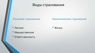 Виды страхования
Рисковое страхование
• Личное
• Имущественное
• Ответственность
Накопительное страхование
• Жизнь
 