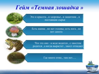Гейм «Темная лошадка »
Это и красота , и здоровье , и защитник , и
поставщик сырья
Есть шапка , но нет головы; есть нога , но
нет сапога
Что это оно : в воде водится , с хвостом
родится , а когда вырастет , хвост отпадает
Где много птиц , там нет….
 