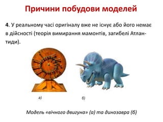 4. У реальному часі оригіналу вже не існує або його немає
в дійсності (теорія вимирання мамонтів, загибелі Атлан-
тиди).
Причини побудови моделей
Модель «вічного двигуна» (а) та динозавра (б)
 