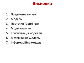 Висновки
1. Предметна галузь
2. Модель
3. Прототип (оригінал)
4. Моделювання
5. Класифікація моделей
6. Матеріальна модель
7. Інформаційна модель
 