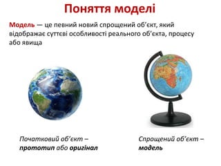 Початковий об’єкт –
прототип або оригінал
Спрощений об’єкт –
модель
Поняття моделі
Модель — це певний новий спрощений об’єкт, який
відображає суттєві особливості реального об’єкта, процесу
або явища
 