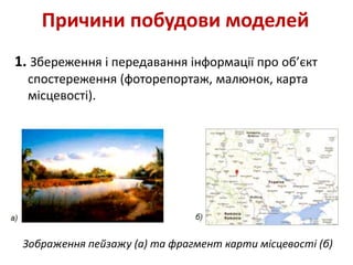 Причини побудови моделей
1. Збереження і передавання інформації про об’єкт
спостереження (фоторепортаж, малюнок, карта
місцевості).
Зображення пейзажу (а) та фрагмент карти місцевості (б)
 