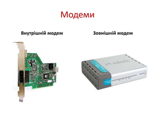 Модеми
Внутрішній модем Зовнішній модем
 