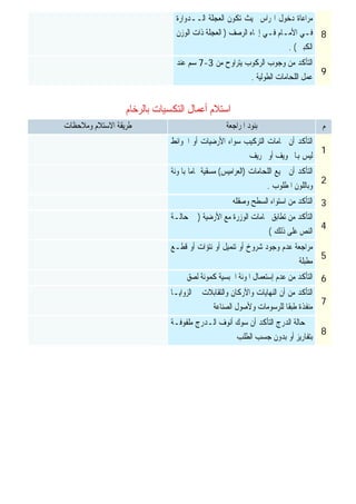 ‫ﺍﺳﺘﻼﻡ‬‫ﺑﺎﻟﺮﺧﺎﻡ‬ ‫ﺍﻟﺘﻜﺴﻴﺎﺕ‬ ‫ﺃﻋﻤﺎﻝ‬
8
‫ﺍﻟــﺪﻭﺍﺭﺓ‬ ‫ﺍﻟﻌﺠﻠﺔ‬ ‫ﺗﻜﻮﻥ‬ ‫ﲝﻴﺚ‬ ‫ﺍﳍﺮﺍﺱ‬ ‫ﺩﺧﻮﻝ‬ ‫ﻣﺮﺍﻋﺎﺓ‬
‫ﺍﻟﺮﺻ‬ ‫ﺇﲡﺎﻩ‬ ‫ﻓـﻲ‬ ‫ﺍﻷﻣـﺎﻡ‬ ‫ﻓـﻲ‬‫ﻒ‬)‫ﺍﻟﻮﺯﻥ‬ ‫ﺫﺍﺕ‬ ‫ﺍﻟﻌﺠﻠﺔ‬
‫ﺍﻟﻜﺒﲑ‬. (
9
‫ﻣﻦ‬ ‫ﻳﺘﺮﺍﻭﺡ‬ ‫ﺍﻟﺮﻛﻮﺏ‬ ‫ﻭﺟﻮﺏ‬ ‫ﻣﻦ‬ ‫ﺍﻟﺘﺄﻛﺪ‬3-7‫ﻋﻨﺪ‬ ‫ﺳﻢ‬
‫ﺍﻟﻄﻮﻟﻴﺔ‬ ‫ﺍﻟﻠﺤﺎﻣﺎﺕ‬ ‫ﻋﻤﻞ‬.
‫ﻡ‬‫ﺍﳌﺮﺍﺟﻌﺔ‬ ‫ﺑﻨﻮﺩ‬‫ﺍﻻﺳﺘﻼﻡ‬ ‫ﻃﺮﻳﻘﺔ‬‫ﻭﻣﻼﺣﻈﺎﺕ‬
1
‫ﺍﳊﻮﺍﺋﻂ‬ ‫ﺃﻭ‬ ‫ﺍﻷﺭﺿﻴﺎﺕ‬ ‫ﺳﻮﺍﺀ‬ ‫ﺍﻟﺘﺮﻛﻴﺐ‬ ‫ﳊﺎﻣﺎﺕ‬ ‫ﺃﻥ‬ ‫ﺍﻟﺘﺄﻛﺪ‬
‫ﲢﺮﻳﻒ‬ ‫ﺃﻭ‬ ‫ﲡﻮﻳﻒ‬ ‫ﻬﺑﺎ‬ ‫ﻟﻴﺲ‬
2
‫ﺍ‬‫ﺍﻟﻠﺤﺎﻣﺎﺕ‬ ‫ﲨﻴﻊ‬ ‫ﺃﻥ‬ ‫ﻟﺘﺄﻛﺪ‬)‫ﺍﻟﻌﺮﺍﻣﻴﺲ‬(‫ﺑﺎﳌﻮﻧﺔ‬ ‫ﹰ‬‫ﺎ‬‫ﲤﺎﻣ‬ ‫ﻣﺴﻘﻴﺔ‬
‫ﺍﳌﻄﻠﻮﺏ‬ ‫ﻭﺑﺎﻟﻠﻮﻥ‬.
3‫ﻭﺻﻘﻠﻪ‬ ‫ﺍﻟﺴﻄﺢ‬ ‫ﺍﺳﺘﻮﺍﺀ‬ ‫ﻣﻦ‬ ‫ﺍﻟﺘﺄﻛﺪ‬
4
‫ﺍﻷﺭﺿﻴﺔ‬ ‫ﻣﻊ‬ ‫ﺍﻟﻮﺯﺭﺓ‬ ‫ﳊﺎﻣﺎﺕ‬ ‫ﺗﻄﺎﺑﻖ‬ ‫ﻣﻦ‬ ‫ﺍﻟﺘﺄﻛﺪ‬)‫ﺣﺎﻟـﺔ‬ ‫ﰱ‬
‫ﺫﻟﻚ‬ ‫ﻋﻠﻰ‬ ‫ﺍﻟﻨﺺ‬(
5
‫ﻗﻄـﻊ‬ ‫ﺃﻭ‬ ‫ﻧﺘﺆﺍﺕ‬ ‫ﺃﻭ‬ ‫ﺗﻨﻤﻴﻞ‬ ‫ﺃﻭ‬ ‫ﺷﺮﻭﺥ‬ ‫ﻭﺟﻮﺩ‬ ‫ﻋﺪﻡ‬ ‫ﻣﺮﺍﺟﻌﺔ‬
‫ﻣﻄﺒﻠﺔ‬
6‫ﺇﺳﺘﻌﻤﺎ‬ ‫ﻋﺪﻡ‬ ‫ﻣﻦ‬ ‫ﺍﻟﺘﺄﻛﺪ‬‫ﻟﺼﻖ‬ ‫ﻛﻤﻮﻧﺔ‬ ‫ﺍﳉﺒﺴﻴﺔ‬ ‫ﺍﳌﻮﻧﺔ‬ ‫ﻝ‬
7
‫ﺍﻟﺰﻭﺍﻳـﺎ‬ ‫ﰱ‬ ‫ﻭﺍﻟﺘﻘﺎﺑﻼﺕ‬ ‫ﻭﺍﻵﺭﻛﺎﻥ‬ ‫ﺍﻟﻨﻬﺎﻳﺎﺕ‬ ‫ﺃﻥ‬ ‫ﻣﻦ‬ ‫ﺍﻟﺘﺄﻛﺪ‬
‫ﺍﻟﺼﻨﺎﻋﺔ‬ ‫ﻭﻷﺻﻮﻝ‬ ‫ﻟﻠﺮﺳﻮﻣﺎﺕ‬ ‫ﹰ‬‫ﺎ‬‫ﻃﺒﻘ‬ ‫ﻣﻨﻔﺬﺓ‬
8
‫ﻣﻠﻔﻮﻓـﺔ‬ ‫ﺍﻟـﺪﺭﺝ‬ ‫ﺃﻧﻮﻑ‬ ‫ﺳﻮﻙ‬ ‫ﺃﻥ‬ ‫ﺍﻟﺘﺄﻛﺪ‬ ‫ﺍﻟﺪﺭﺝ‬ ‫ﺣﺎﻟﺔ‬ ‫ﰱ‬
‫ﺍﻟﻄﻠﺐ‬ ‫ﺟﺴﺐ‬ ‫ﺑﺪﻭﻥ‬ ‫ﺃﻭ‬ ‫ﺑﺘﻔﺎﺭﻳﺰ‬
 