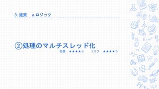 3. 施策 a.ロジック
②処理のマルチスレッド化
効果：★★★★☆ リスク：★★★★☆
 