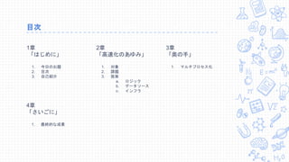 目次
1章
「はじめに」
1. 今日のお題
2. 目次
3. 自己紹介
2章
「高速化のあゆみ」
1. 対象
2. 課題
3. 施策
a. ロジック
b. データソース
c. インフラ
3章
「奥の手」
1. マルチプロセス化
4章
「さいごに」
1. 最終的な成果
 