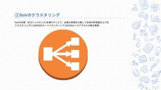 ②Solrのクラスタリング
Solrの台数（EC2インスタンス)を増やすことで、必要な処理を分散して全体の許容量を上げる
クラスタリングにはAWSのロードバランサーにて2台のSolrへとアクセス分散を実現
 