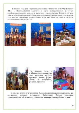 13
В течения года дети посещали дополнительные занятия по ИЗО (Шафиевой
В.Ш.) . Взаимодействие педагогов и детей осуществлялось с учетом
дифференцированного подхода и включало разнообразные формы и методы
работы:групповыеиподгрупповыезанятия, праздники, развлечения, тематические
дни, недели творчества, дидактические игры, выставки рисунков и поделок,
создание книг самоделок и пр.
На занятиях труда и
изобразительного искусства
дети научились вырезать
предметы разной формы,
лепить из пластилина,
рисовать красками.
В работе с детьми в течение года были использованы различные методы для
достижения хороших результатов: Наблюдение, беседы, сравнение,
диагностическое обследование, самоанализ, индивидуальная работа с детьми.
 