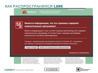 КАК РАСПРОСТРАНЯЛСЯ LURK
Kaspersky Anti Targeted Attack #CODEIB
 