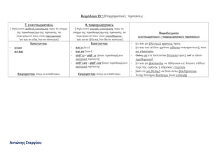 Αντώνης Στεργίου
Κεφάλαιο 15 ο
: Επιρρηματικές προτάσεις
7. εναντιωματικές
* δηλώνουν ασθενή εναντίωση προς το νόημα
της προσδιοριζόμενης πρότασης, το
περιεχόμενό τους είναι πραγματικό:
‘αν και το είδα, δεν το πίστεψα’+
8. παραχωρητικές
* δηλώνουν ισχυρή εναντίωση προς το
νόημα της προσδιοριζόμενης πρότασης, το
περιεχόμενό τους είναι υποτιθέμενο :
‘ και να το έβλεπα, δεν θα το πίστευα’+
Παραδείγματα
εναντιωματικών – παραχωρητικών προτάσεων
Εισάγονται:
- ει και
- αν και
Εκφέρονται: όπως οι υποθετικές
Εισάγονται:
- και ει [κει]
- και αν [καν]
- ουδ’ ει – μηδ΄ ει *όταν προσδιορίζουν
αρνητική πρόταση+
- ουδ’ εάν – μηδ’ εάν *όταν προσδιορίζουν
αρνητική πρόταση+
Εκφέρονται: όπως οι υποθετικές
- *ει και μη βλέπεις], φρονεις όμως
- *ει και τον άλλον χρόνον είθιστο συκοφαντειν+, τότε
αν επαύσατο
- Ουδείς αν έτι πιστευσαι δύναιτο υμιν,* ουδ’ ει πάνυ
προθυμοιτο]
- *ει και μη βούλοιντο οι Αθηναιοι εις λόγους ελθειν
περί της ειρήνης +, κήρυκας έπεμπον
- *κάν συ μη θέλης+, οι θεοί ουτω βουλήσονται
- Ανήρ πονηρός δυστυχει, *καν ευτυχη+
 