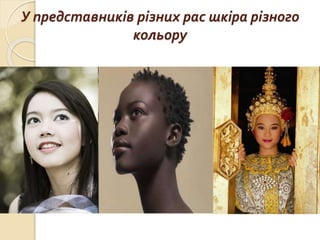 У представників різних рас шкіра різного
кольору
 
