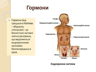 Гормони
 Гормони (від
грецького hormao
- збуджую,
спонукаю) - це
біологічно-активні
хімічні речовини,
що виділяються
ендокринними
залозами
безпосередньо в
кров
 