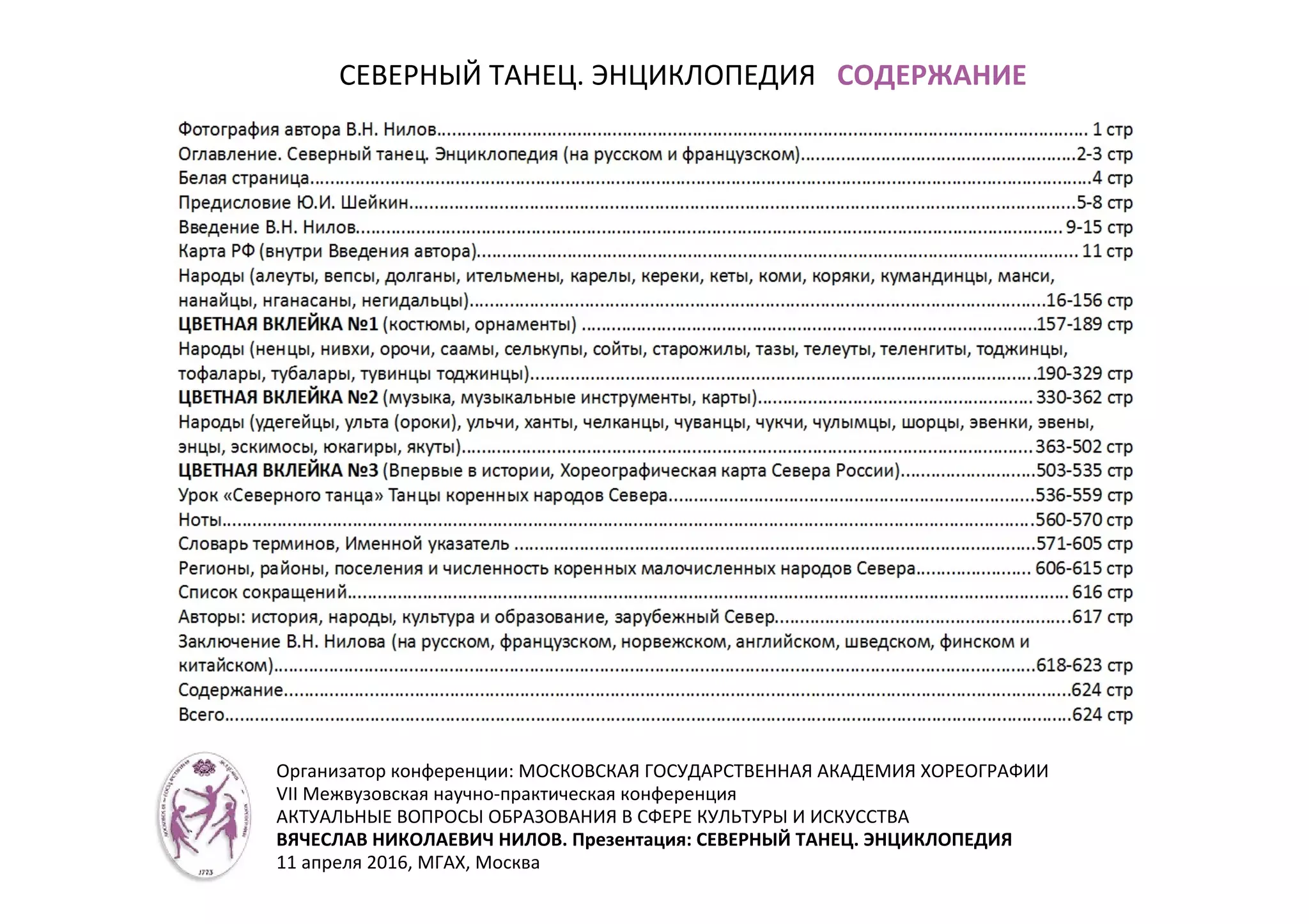 СЕВЕРНЫЙ ТАНЕЦ. ЭНЦИКЛОПЕДИЯ СОДЕРЖАНИЕ
Организатор конференции: МОСКОВСКАЯ ГОСУДАРСТВЕННАЯ АКАДЕМИЯ ХОРЕОГРАФИИ
VII Межвузовская научно-практическая конференция
АКТУАЛЬНЫЕ ВОПРОСЫ ОБРАЗОВАНИЯ В СФЕРЕ КУЛЬТУРЫ И ИСКУССТВА
ВЯЧЕСЛАВ НИКОЛАЕВИЧ НИЛОВ. Презентация: СЕВЕРНЫЙ ТАНЕЦ. ЭНЦИКЛОПЕДИЯ
11 апреля 2016, МГАХ, Москва
 