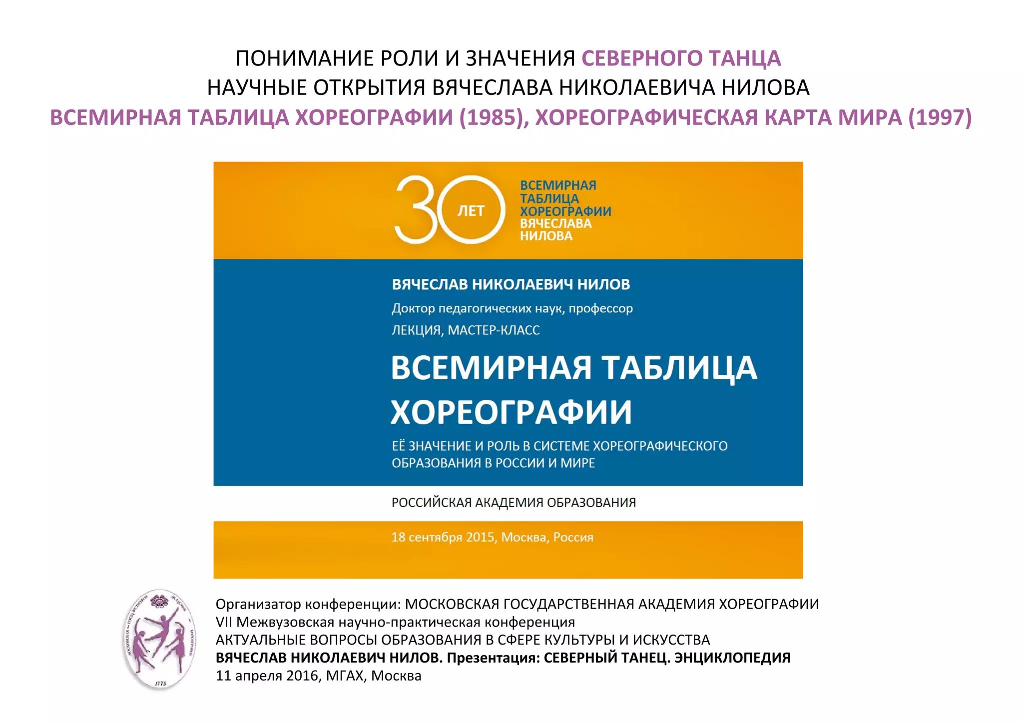 ПОНИМАНИЕ РОЛИ И ЗНАЧЕНИЯ СЕВЕРНОГО ТАНЦА
НАУЧНЫЕ ОТКРЫТИЯ ВЯЧЕСЛАВА НИКОЛАЕВИЧА НИЛОВА
ВСЕМИРНАЯ ТАБЛИЦА ХОРЕОГРАФИИ (1985), ХОРЕОГРАФИЧЕСКАЯ КАРТА МИРА (1997)
Организатор конференции: МОСКОВСКАЯ ГОСУДАРСТВЕННАЯ АКАДЕМИЯ ХОРЕОГРАФИИ
VII Межвузовская научно-практическая конференция
АКТУАЛЬНЫЕ ВОПРОСЫ ОБРАЗОВАНИЯ В СФЕРЕ КУЛЬТУРЫ И ИСКУССТВА
ВЯЧЕСЛАВ НИКОЛАЕВИЧ НИЛОВ. Презентация: СЕВЕРНЫЙ ТАНЕЦ. ЭНЦИКЛОПЕДИЯ
11 апреля 2016, МГАХ, Москва
 