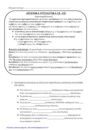 Ονοματεπώνυμο …………………………………………………………………
ΑΡΣΕΝΙΚΑ ΟΥΣΙΑΣΤΙΚΑ ΣΕ –ΟΣ
(προπαροξύτονα)
Τα αρσενικά προπαροξύτονα σε –ος άλλοτε κατεβάζουν τον τόνο στη γενική του
ενικού και γενική και αιτιατική του πληθυντικού αριθμού ( π.χ. Ο κίνδυνος, του
κινδύνου, των κινδύνων, τους κινδύνους)
και άλλοτε όχι.(π.χ. ο ανήφορος, του ανήφορου, των ανήφορων τους ανήφορους)
Δεν κατεβάζουν τον τόνο κυρίως:
 οι σύνθετες και οι πολυσύλλαβες λέξεις π.χ. ο λαχανόκηπος, του λαχανόκη-
που, των λαχανόκηπων, τους λαχανόκηπους
 και τα κύρια ονόματα(δηλ. βαφτιστικά, οικογενειακά, τοπωνύμια)
Π.χ. ο Αλέξανδρος του Αλέξανδρου,
ο Γρηγορόπουλος, του Γρηγορόπουλου,
ο Ασπρόπυργος, του Ασπρόπυργου
ΚΑΙ ΚΑΤΙ ΠΑΡΑΠΑΝΩ : Οι τρισύλλαβες τοπωνυμίες(ονόματα τόπων) συνήθως κατε-
βάζουν τον τόνο στη γενική. π.χ. ο Όλυμπος του Ολύμπου, ο Βόσπορος του Βοσπό-
ρου.
Κατεβάζουν τον τόνο τα ονόματα των Αγίων και των ιστορικών προσώπων. π.χ.
οδός Μεγάλου Αλεξάνδρου, Ιερός Ναός Αγίου Νικολάου.
Κατεβάζουν τον τόνο τα ονόματα των μηνών. π.χ. ο Ιανουάριος του Ιανουαρίου,
ο Μάρτιος του Μαρτίου κλπ.
Κατεβάζουν τον τόνο τα οικογενειακά ονόματα των γυναικών π.χ. η κα Παπαδοπού-
λου, η κα Σιδηροπούλου κλπ.
1. Συμπληρώνω τα κενά με τις λέξεις των παρενθέσεων, τονίζοντας στη συλλαβή
που πρέπει.
 Στο τέλος του _____________________ (διάδρομος) υπάρχει μια κρεμάστρα
όπου είναι κρεμασμένο το παλτό του ___________________ .(δάσκαλος)
 Τα φύλλα του __________________ (πλάτανος) ο αέρας τα μάζεψε στην
άκρη του ________________________ .(αυλόγυρος)
 Τα μέλη του _______________ (σύλλογος) «Η ΦΥΣΗ» καθάρισαν τους ____
________________ (ανθόκηπος) της πλατείας.
 Οι Έλληνες με τους _______________________ τους (σύμμαχος) επιτέθη-
καν κατά των ______________________τους .(αντίπαλος)
 Ο Νομάρχης έδωσε εντολή στους ____________________ (δήμαρχος) να
καταγράψουν τα αιτήματα των __________________ (κάτοικος) και να του
τα μεταφέρουν γραπτά.
Επιμέλεια: Χρήστος Χαρμπής http://xristx.blogspot.gr σελ.14
 