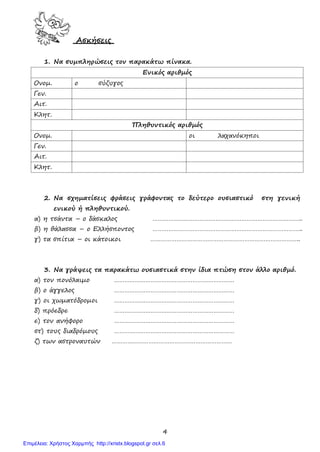 4
Ασκήσεις
1. Να συμπληρώσεις τον παρακάτω πίνακα.
Ενικός αριθμός
Ονομ. ο σύζυγος
Γεν.
Αιτ.
Κλητ.
Πληθυντικός αριθμός
Ονομ. οι λαχανόκηποι
Γεν.
Αιτ.
Κλητ.
2. Να σχηματίσεις φράσεις γράφοντας το δεύτερο ουσιαστικό στη γενική
ενικού ή πληθυντικού.
α) η τσάντα – ο δάσκαλος …………………………………………………………………………..
β) η θάλασσα – ο Ελλήσποντος …………………………………………………………………………..
γ) τα σπίτια – οι κάτοικοι …………………………………………………………………………..
3. Να γράψεις τα παρακάτω ουσιαστικά στην ίδια πτώση στον άλλο αριθμό.
α) τον πονόλαιμο ……………………………………………………………
β) ο άγγελος ……………………………………………………………
γ) οι χωματόδρομοι ……………………………………………………………
δ) πρόεδρε ……………………………………………………………
ε) τον ανήφορο ……………………………………………………………
στ) τους διαδρόμους ……………………………………………………………
ζ) των αστροναυτών ……………………………………………………………
Επιμέλεια: Χρήστος Χαρμπής http://xristx.blogspot.gr σελ.6
Το σχολικό παρεάκι tosxolikopareaki.blogspot.gr
 