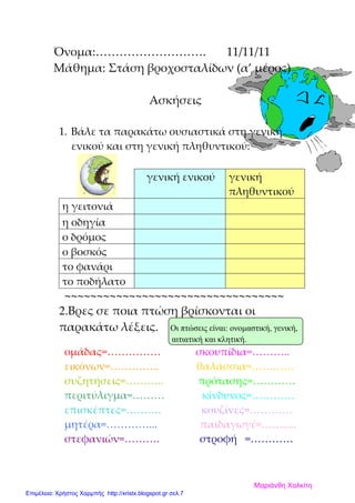 Όνομα:………………………. 11/11/11
Μάθημα: Στάση βροχοσταλίδων (α’ μέρος)
Ασκήσεις
1. Βάλε τα παρακάτω ουσιαστικά στη γενική
ενικού και στη γενική πληθυντικού:
γενική ενικού γενική
πληθυντικού
η γειτονιά
η οδηγία
ο δρόμος
ο βοσκός
το φανάρι
το ποδήλατο
~~~~~~~~~~~~~~~~~~~~~~~~~~~~~~~~~~
2.Βρες σε ποια πτώση βρίσκονται οι
παρακάτω λέξεις. Οι πτώσεις είναι: ονοµαστική, γενική,
αιτιατική και κλητική.
ομάδας=…………… σκουπίδια=………..
εικόνων=………….. θαλάσσια=…………
συζητήσεις=……….. πρότασης=…………
περιτύλιγμα=……… κίνδυνος=…………
επισκέπτες=………. κουζίνες=…………
μητέρα=…………... παιδαγωγέ=…….....
στεφανιών=………. στροφή =…………
Μαριάνθη Χαλκίτη
Επιμέλεια: Χρήστος Χαρμπής http://xristx.blogspot.gr σελ.7
 