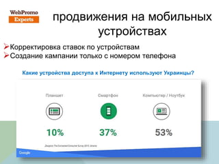 продвижения на мобильных
устройствах
Корректировка ставок по устройствам
Создание кампании только с номером телефона
Какие устройства доступа к Интернету используют Украинцы?
 
