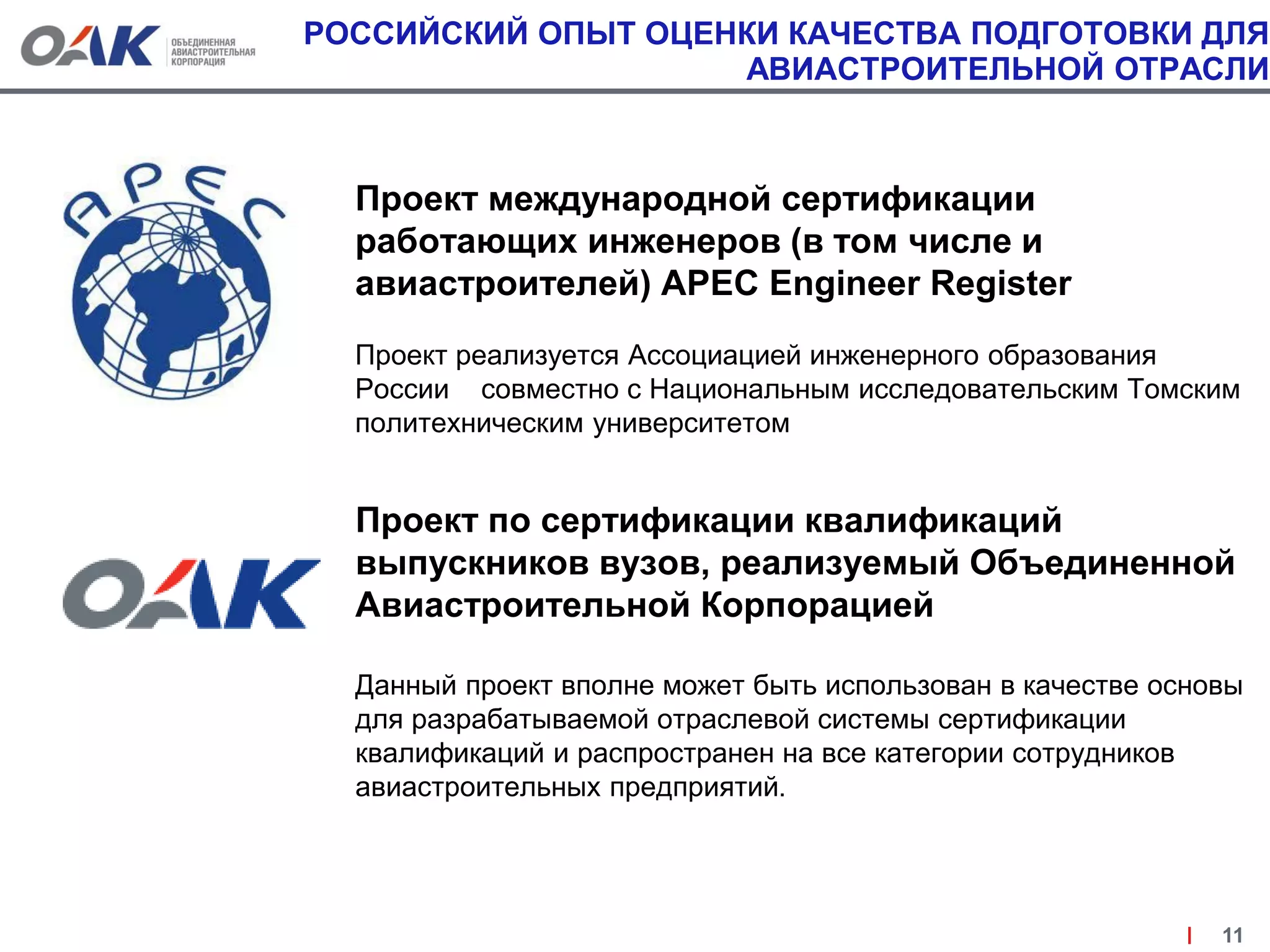 РОССИЙСКИЙ ОПЫТ ОЦЕНКИ КАЧЕСТВА ПОДГОТОВКИ ДЛЯ
АВИАСТРОИТЕЛЬНОЙ ОТРАСЛИ
Проект международной сертификации
работающих инженеров (в том числе и
авиастроителей) APEC Engineer Register
Проект реализуется Ассоциацией инженерного образования
России совместно с Национальным исследовательским Томским
политехническим университетом
Проект по сертификации квалификаций
выпускников вузов, реализуемый Объединенной
Авиастроительной Корпорацией
Данный проект вполне может быть использован в качестве основы
для разрабатываемой отраслевой системы сертификации
квалификаций и распространен на все категории сотрудников
авиастроительных предприятий.
11
 
