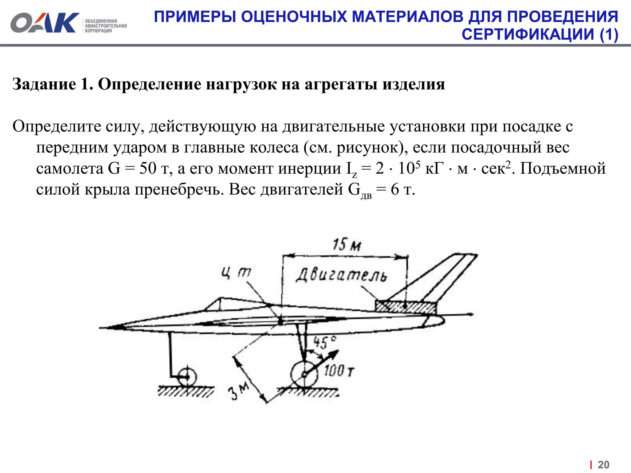 ПРИМЕРЫ ОЦЕНОЧНЫХ МАТЕРИАЛОВ ДЛЯ ПРОВЕДЕНИЯ
СЕРТИФИКАЦИИ (1)
Задание 1. Определение нагрузок на агрегаты изделия
Определите силу, действующую на двигательные установки при посадке с
передним ударом в главные колеса (см. рисунок), если посадочный вес
самолета G = 50 т, а его момент инерции Iz = 2  105 кГ  м  сек2. Подъемной
силой крыла пренебречь. Вес двигателей Gдв = 6 т.
20
 