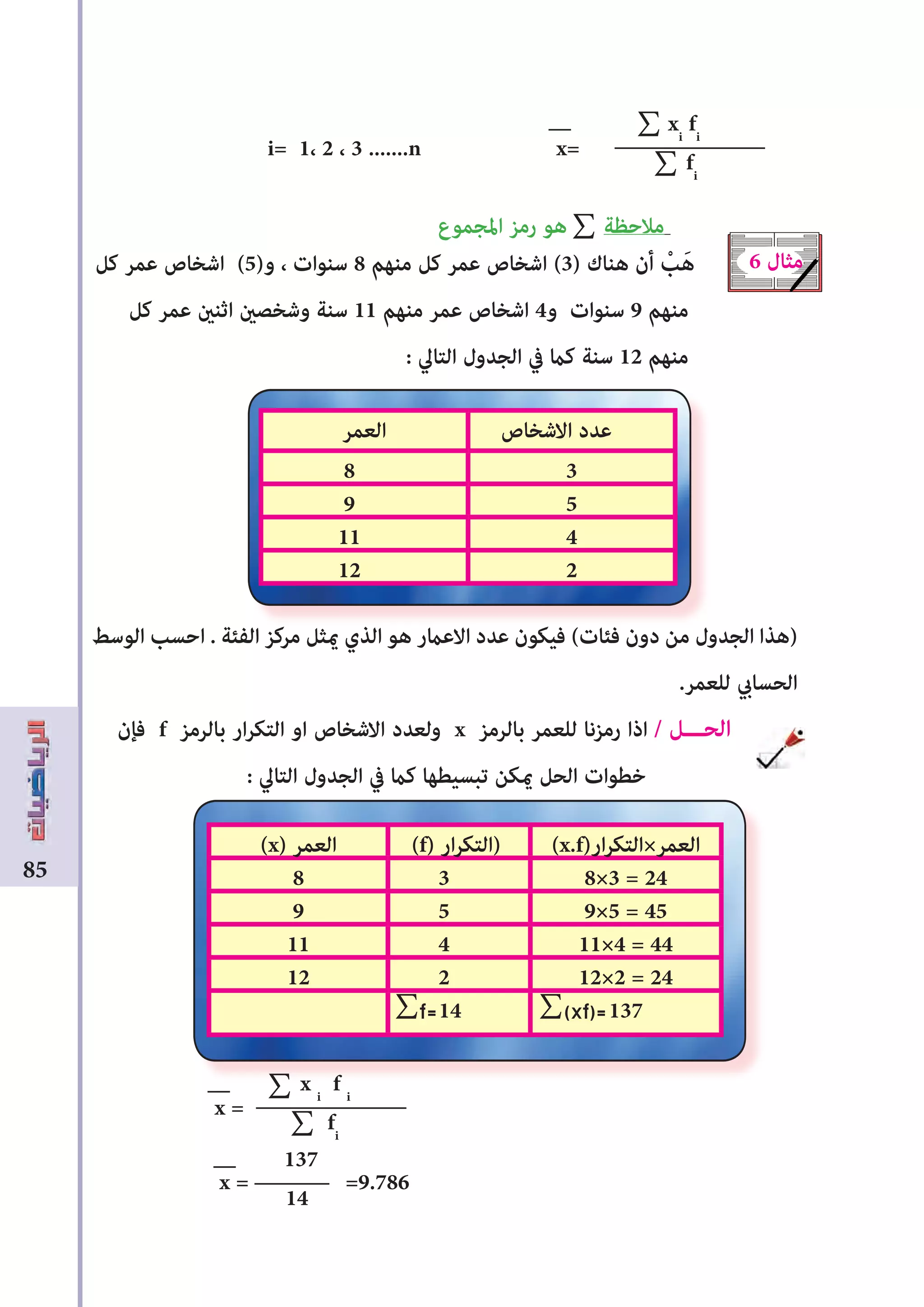 85
i= 1، 2 ، 3 .......n x=
‫املجموع‬ ‫رمز‬ ‫هو‬ ‫مالحظة‬
‫كل‬ ‫عمر‬ ‫اشخاص‬ (5)‫و‬ ، ‫سنوات‬ 8 ‫منهم‬ ‫كل‬ ‫عمر‬ ‫اشخاص‬ (3) ‫هناك‬ ‫أن‬ ْ‫ب‬َ‫ه‬
‫كل‬ ‫عمر‬ ‫اثنﻦﻴ‬ ‫وشخصﻦﻴ‬ ‫سنة‬ 11 ‫منهم‬ ‫عمر‬ ‫اشخاص‬ 4‫و‬ ‫سنوات‬ 9 ‫منهم‬
: ‫التاﱄ‬ ‫الجدول‬ ‫يف‬ ‫كﺎﻤ‬ ‫سنة‬ 12 ‫منهم‬
‫الوسﻂ‬ ‫احسب‬ . ‫الفﺌة‬ ‫مركز‬ ‫ﻤﻳثل‬ ‫الذي‬ ‫هو‬ ‫االعﺎﻤر‬ ‫عدد‬ ‫فيكون‬ (‫فﺌات‬ ‫دون‬ ‫من‬ ‫الجدول‬ ‫)هذا‬
.‫للعمر‬ ‫الحسايب‬
‫فﺈن‬ f ‫بالرمز‬ ‫ار‬‫ر‬‫التك‬ ‫او‬ ‫االشخاص‬ ‫ولعدد‬ x ‫بالرمز‬ ‫للعمر‬ ‫رمزنا‬ ‫اذا‬ / ‫الحـــل‬
: ‫التاﱄ‬ ‫الجدول‬ ‫يف‬ ‫كﺎﻤ‬ ‫تبسيطها‬ ‫ﻤﻳكن‬ ‫الحل‬ ‫خطوات‬
x =
x = =9.786
xi
fi
fi
6 ‫مثال‬
‫الوسﻂ‬ ‫احسب‬ . ‫الفﺌة‬ ‫مركز‬ ‫ﻤﻳثل‬ ‫الذي‬ ‫هو‬ ‫االعﺎﻤر‬ ‫عدد‬ ‫فيكون‬ (‫فﺌات‬ ‫دون‬ ‫من‬ ‫الجدول‬ ‫)هذا‬
‫االشخاص‬ ‫عدد‬‫العمر‬
38
59
411
212
(x.f)‫ار‬‫ر‬‫العمر×التك‬(f) ‫ار‬‫ر‬‫)التك‬(x) ‫العمر‬
8×3 = 2438
9×5 = 4559
11×4 = 44411
12×2 = 24212
13714
137
14
∑
∑
∑
x i
f i
fi
∑
∑
∑(xf)=∑f=
 