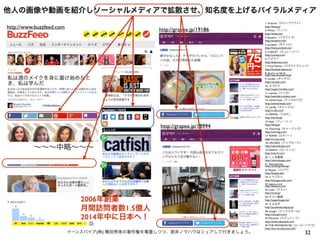 32イーンスパイア(株) 横田秀珠の著作権を尊重しつつ、是非ノウハウはシェアして行きましょう。
   ∼∼∼中略∼∼∼ 
  
http://www.buzzfeed.com
月間訪問者数1.5億人
2014年中に日本へ！
2006年創業
http://grapee.jp/18994
http://grapee.jp/19186
1. dropout（ドロップアウト）
http://dout.jp/
2.Whats（ワッツ）
http://whats.be/
3. Buzzlive（バズライブ）
http://buzzlive.info/
4. pocketti（ポケッチ）
http://buzz.pocketti.me/
5. CuRAZY（キュレージー）
http://curazy.com/
6. バズマン
http://bazuman.com/
7. Scout Talents（スカウトタレンツ）
http://football.sakura.tv/
8. Sports on Earth
http://sportsonearth.jp/
9. otodas（オトダス）
http://otodas.com/
10. スゴピク
http://sugoi.irovideo.com/
11. namida（ナミダ）
http://namida.irovideo.com/
12. animal buzz（アニマルバズ）
http://animal-buzz.com/
13. candle（キャンドル）
http://c-dle.com/
14.TEMITA（てみた）
http://temita.jp/
15. feely（フィーリー）
http://feely.jp/
16. Charming（チャーミング）
http://chrmng.com/
17. ROXIE（ロキシー）
http://ro-xie.com/
18. UPLOAD（アップロード）
http://uploadmag.com/
19. RAW-Fi（ローファイ）
http://raw-ﬁ.com/
20. しぇあ動画
http://sharedouga.com/
21. Sharingvideo
http://sharingvideo.jp/
22. Buzzia（バジア）
http://buzzia.asia/
23. ヒマゴロシ
http://himagoroshi.com/
24. kensuu.com
http://kensuu.com/
25. must（マスト）
http://must.jp/
26. すごい動画
http://sugoidouga.net/
27. もえばず
http://moebuzz.lolipop.jp/
28. mixgirl（ミックスガール）
http://mix-girl.com/
29. Educeed（エデュシード）
http://www.educeed.com/
30.THE MOVIEHOUSE（ムービーハウス）
http://the-moviehouse.info/
他人の画像や動画を紹介しソーシャルメディアで拡散させ、知名度を上げるバイラルメディア
 
