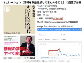 4イーンスパイア(株) 横田秀珠の著作権を尊重しつつ、是非ノウハウはシェアして行きましょう。
キュレーション（情報を取捨選択してまとめること）に価値がある
キュレーションの時代
「つながり」の情報革命が始まる
著者：佐々木 俊尚 (著)
価格：￥ 945
出版社：筑摩書房 (2011/2/9)
http://www.amazon.co.jp/dp/4480065911
http://bit.ly/2esP5e6
Google「キュレーション」検索数の推移
購入は
 