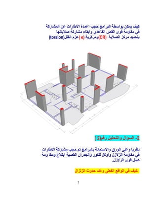 2
‫اﻟﻤﺸﺎرﻛﺔ‬ ‫ﻋﻦ‬ ‫اﻻطﺎرات‬ ‫اﻋﻤﺪة‬ ‫ﺣﺠﺐ‬ ‫اﻟﺒﺮاﻣﺞ‬ ‫ﺑﻮاﺳﻄﺔ‬ ‫ﯾﻤﻜﻦ‬ ‫ﻛﯿﻒ‬
‫ﺻﻼﺑﺎﺗﮭﺎ‬ ‫ﻣﺸﺎرﻛﺔ‬ ‫واﺑﻘﺎء‬ ‫اﻟﻘﺎﻋﺪي‬ ‫اﻟﻘﺺ‬ ‫ﻗﻮى‬ ‫ﻣﻘﺎوﻣﺔ‬ ‫ﻓﻲ‬
‫اﻟﺼﻼﺑﺔ‬ ‫ﻣﺮﻛﺰ‬ ‫ﺑﺘﺤﺪﯾﺪ‬)RC(‫وﻣﺮﻛﺰﯾﺔ‬)e(‫اﻟﻔﺘﻞ‬ ‫ﻋﺰم‬(torsion)
2-‫رﻗﻢ‬ ‫واﻟﺘﺤﻠﯿﻞ‬ ‫اﻟﺴﺆال‬( 2)
‫اﻻطﺎرات‬ ‫ﻣﺸﺎرﻛﺔ‬ ‫ﺣﺠﺐ‬ ‫ﺗﻢ‬ ‫ﺑﺎﻟﺒﺮاﻣﺞ‬ ‫واﻻﺳﺘﻌﺎﻧﺔ‬ ‫اﻟﻮرق‬ ‫وﻋﻠﻰ‬ ‫ﻧﻈﺮﯾﺎ‬
‫وﻣﺔ‬ ‫وﻣﻘﺎ‬ ‫اﺑﺘﻼع‬ ‫اﻟﻘﺼﯿﺔ‬ ‫واﻟﺠﺪران‬ ‫ﻟﻠﻜﻮر‬ ‫واوﻛﻞ‬ ‫اﻟﺰﻻزل‬ ‫ﻣﻘﺎوﻣﺔ‬ ‫ﻓﻲ‬
‫اﻟﺰﻻزل‬ ‫ﻗﻮى‬ ‫ﻛﺎﻣﻞ‬.
-‫اﻟﺰﻟﺰال‬ ‫ﺣﺪوث‬ ‫وﻋﻨﺪ‬ ‫اﻟﻔﻌﻠﻰ‬ ‫اﻟﻮاﻗﻊ‬ ‫ﻓﻲ‬ ‫ﻛﯿﻒ‬
 