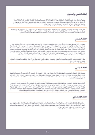 ‫والمعنوي‬ ‫اﻟﻧﻔﺳﻲ‬ ‫اﻟﻌﻧف‬
‫اﻟﻣرأة‬ ‫الهادﻓﺔ إﻟﻰ اهانة‬ ‫اﻷﻓﻌﺎل‬ ‫ويـﺷﻣل‬ ‫جسدية‬ ‫آثار‬ ‫له‬ ‫تكون‬ ‫أن‬ ‫دون‬ ‫والفتيات‬ ‫للنساء‬ ً‫ا‬‫نفسي‬ ‫مؤذ‬ ‫فعل‬ ‫أي‬ ‫وهو‬
 ‫اﻟراﻣيـﺔ إﻟﻰ‬ ‫واﻷﻓﻌﺎل‬ ،‫اﻟﺧﺎرﺟﻲ‬ ‫اﻟﺷﺧﺻيـﺔ وﻋزلها ﻋن ﻣﺣيـطها‬ ‫أو ﺑﻘيـﻣتها‬ ‫أو ﺛﻘتها ﺑﻧﻔسها‬ ‫اﻟﺣط ﻣن ﻛراﻣتها‬ ‫أو‬
.‫اجتماعية‬ ‫او‬ ‫اﻟﻘﺎﻧونيه‬ ‫اﻣﺗيـﺎزات‬ ‫اﺳﺗخدام‬ ‫ﻗوتها ﻣن ﺧﻼل‬ ‫إﺿﻌﺎف‬
‫والمعاملة‬ ،‫اﻟزوﺟيـﺔ‬ ‫إﻟﻰ ﺑيـت‬ ‫اﻟزوﺟﺔ ﻋﻠﻰ اﻟرﺟوع‬ ‫وإﻛراه‬ ،‫واﻻﺣﺗﺟﺎز‬ ‫والمراقبة‬ ،‫والهجر‬ ‫واإلهمال‬ ،‫اﻟﺷﺗم‬ ‫و‬ ‫اﻟﺳب‬ ‫مثل‬
.‫اﻟﺗﻌﺳﻔﻲ‬ ‫واﻟطﻼق‬ ،‫منها‬ ‫بخطفهم‬ ‫التهديد‬ ‫أو‬ ‫اﻷطﻔﺎل‬ ‫اﻻﻋﺗراف ﺑﻧﺳب‬ ‫وﻋدم‬ ،‫اﻟزوﺟﺎت‬ ‫وﺗﻌدد‬ ،‫كخادمة‬
‫الجسدي‬ ‫اﻟﻌﻧف‬
 ‫واﻟﺗﻲ‬ ‫اﻟﻔﺗيات‬ ‫أو‬ ‫اﻟﻛراﻣﺔ اﻟﺟﺳديـﺔ ﻟلنساء‬ ‫وإﻧتهاك‬ ‫الجسد‬ ‫ضد‬ ‫موجه‬ ‫سلوك‬ ‫وهو‬ ،ً‫ا‬‫العنف شيوع‬ ‫مظاهر‬ ‫أكثر‬ ‫من‬ ‫وهو‬
‫أو‬ ‫االعتداء‬ ‫في‬ ‫المعنف‬ ‫جسد‬ ‫كاستخدام‬ ‫مختلفة‬ ‫وسائل‬ ‫خالل‬ ‫من‬ ‫العنف‬ ‫هذا‬ ‫ويمارس‬ .‫ ﺑﺎﻟﺟﺳم‬ً‫ا‬‫ﺗﻠﺣق ﺿررا ﻣﺑﺎﺷر‬
‫بهدف‬ ‫ويستخدم‬ .‫وأشدها‬ ‫أخطرها‬ ‫إلى‬ ‫إلى‬ ‫األشكال‬ ‫أبسط‬ ‫من‬ ‫يتراوح‬ ‫حيث‬ ‫القتل‬ ‫لحد‬ ‫تصل‬ ‫ووسائل‬ ‫حادة‬ ‫أدوات‬
‫ويمكن‬ ،‫الرجل‬ ‫على‬ ً‫ا‬‫أحيان‬ ‫تقع‬ ‫وقد‬ ‫المرأة‬ ‫مثل‬ ‫األضعف‬ ‫الشخص‬ ‫الضحية‬ ‫تكون‬ ‫ما‬ ‫وغالبا‬ ،‫الجسدية‬ ‫القوة‬ ‫عن‬ ‫التعبير‬
.‫وكسور‬ ‫وكدمات‬ ‫تشوهات‬ ‫كإحداث‬ ‫الجسم‬ ‫على‬ ً‫ا‬‫أثر‬ ‫تترك‬ ‫التي‬ ‫العالمات‬ ‫طريق‬ ‫عن‬ ‫الجسدي‬ ‫العنف‬ ‫تمييز‬
،‫والخنق‬ ،‫والعض‬ ،‫واللكم‬ ،‫أرضا‬ ‫والرمي‬ ،‫اليد‬ ‫ولوي‬ ،‫بعنف‬ ‫والمسك‬ ،‫والدفع‬ ،‫والصفع‬ ،‫الشعر‬ ‫وشد‬ ،‫الضرب‬ ‫مثل‬
.‫الخ‬ ،‫والدهس‬ ،‫والحرق‬
‫الجنسي‬ ‫اﻟﻌﻧف‬
‫القوة‬ ‫استخدام‬ ‫أو‬ ‫الترهيب‬ ‫أو‬ ‫التغرير‬ ‫أو‬ ‫التهديد‬ ‫خالل‬ ‫من‬ ‫سواء‬ ‫اﻟﻣﻘﺗرﻧﺔ ﺑﺎﻹﻛراه‬ ‫ــﺔ‬‫ـ‬‫اﻟﺟﻧﺳي‬ ‫اﻷﻓﻌﺎل‬ ‫يـﺷﻣل ﻛل‬
‫جنسية‬ ‫ومآرب‬ ‫رغبات‬ ‫لتحقيق‬ ‫سواء‬ ‫الحركية‬ ‫أو‬ ‫اللفظية‬ ‫أو‬ ‫الوجه‬ ‫تعابير‬ ‫خالل‬ ‫من‬ ‫سواء‬ ‫الجنسية‬ ‫اإليحاءات‬ ‫أو‬ ‫الجسدية‬
.‫الضحية‬ ‫إيذاء‬ ‫بغرض‬ ‫او‬
‫الجنسي‬ ‫المجال‬ ‫استخدام‬ ‫أو‬ ،‫الجنسي‬ ‫التحرش‬ ،‫االغتصاب‬ ‫محاولة‬ ،‫كاالغتصاب‬ ‫الفتاة‬ ‫مع‬ ‫الجنسي‬ ‫االتصال‬ ‫لتحقيق‬ ‫أما‬
‫على‬ ‫اإلجبار‬ ،‫الجنس‬ ‫ممارسة‬ ‫على‬ ‫اإلجبار‬ ،‫الزوج‬ ‫من قبل‬ ‫الهجر‬ ،‫نابية‬ ‫بألفاظ‬ ‫الشتم‬ ،‫الجنسي‬ ‫كالتحرش‬ ‫إيذائها‬ ‫في‬
‫االستغالل‬ ‫علمها. ويشمل‬ ‫دون‬ ‫من‬ ‫للزوجة‬ ‫الزوج‬ ‫من‬ ‫الجنسية‬ ‫االمراض‬ ‫نقل‬ ،‫النساء‬ ‫تحبها‬ ‫ال‬ ‫جنسية‬ ‫بأفعال‬ ‫القيام‬
.‫للنساء‬ ‫المؤذية‬ ‫التقليدية‬ ‫الممارسات‬ ‫من‬ ‫وغيره‬ ‫اإلناث‬ ‫وختان‬ ،‫األطفال‬ ‫على‬ ‫الجنسي‬ ‫واالعتداء‬ ‫الجنسي‬
‫اﻹﻗﺗﺻﺎدي‬ ‫اﻟﻌﻧف‬
‫من‬ ‫منعهن‬ ‫مثل‬ ،‫بكرامة‬ ‫احتياجاتهن ﻟﻠﻌيـش‬ ‫لتلبية‬ ‫بالموارد‬ ‫التمتع‬ ‫اﻟنساء ﻣن‬ ‫الهادﻓﺔ إﻟﻰ ﺣرﻣﺎن‬ ‫اﻷﻓﻌﺎل‬ ‫يـﺷﻣل ﻛل‬
‫واإلستيالء‬ ،‫عدمها‬ ‫أو‬ ‫لهن‬ ‫تعطى‬ ‫التي‬ ‫المالية‬ ‫الموارد‬ ‫وشح‬ ،‫مواردهن‬ ‫على‬ ‫واإلستيالء‬ ‫العمل‬ ‫على‬ ‫إجبارهن‬ ‫أو‬ ‫العمل‬
.‫اإلرث‬ ‫في‬ ‫حقهن‬ ‫وسلبهن‬ ‫ممتلكاتهن‬ ‫على‬
٢١
 