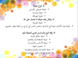 ‫املعرفة‬ ‫أنواع‬
•‫املعرفة‬‫تصرحيي‬/‫احي‬‫رت‬‫اق‬
•‫اءات‬‫ر‬‫إج‬ ‫معرفة‬
•‫املهيكلة‬ ‫املعرفة‬
‫أهنا‬ ‫على‬ ‫تصنف‬ ‫أن‬ ‫معرفة‬ ‫أيضا‬ ‫وميكن‬
•‫الصرحية‬ ‫املعرفة‬
•‫عنها‬ ‫الكشف‬ ‫دون‬ ‫املعرفة‬‫اليت‬‫املع‬ ‫من‬ ‫أوسع‬ ‫اليت‬ ‫النفس‬ ‫شخص‬ ‫يف‬ ‫اكم‬‫رت‬‫ت‬‫يح‬‫ر‬‫ابلص‬ ‫يظهر‬ ‫رفة‬.
‫بلوم‬ ‫للمعرفة‬ ‫اهلرمي‬ ‫والتسلسل‬ ‫لنوع‬ ‫وفقا‬
•‫حمددة‬ ‫حقائق‬ ‫معرفة‬
•‫املفاهيم‬‫و‬ ‫املصطلحات‬ ‫معرفة‬
•‫اءات‬‫ر‬‫اإلج‬‫و‬ ‫األساليب‬ ‫معرفة‬
•‫املعرفة‬ ‫تصنيف‬
•‫معرفة‬‫التعميمات‬‫ايت‬‫ر‬‫النظ‬‫و‬ ‫املبادئ‬‫و‬
•‫املعرفة‬‫االنضباط‬ ‫أو‬ ‫العلوم‬ ‫جمال‬ ‫بنية‬
 