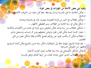 ‫املواد‬ ‫بعض‬ ‫يف‬ ‫ات‬‫ر‬‫املها‬ ‫من‬ ‫األمثلة‬ ‫بعض‬ ‫يلي‬ ‫وفيما‬:
-‫بشكل‬ ‫األجبدية‬ ‫احلروف‬ ‫من‬ ‫حرف‬ ‫كل‬‫خط‬ ‫اسطة‬‫و‬‫ب‬ ‫إرسال‬ ‫املدرسة‬ ‫قبل‬ ‫ما‬ ‫التالميذ‬ ‫ميكن‬
‫صحيح‬
-‫وجذابة‬ ‫اضحة‬‫و‬ ‫يف‬ ‫عال‬ ‫بصوت‬ ‫القصيدة‬ ‫اءة‬‫ر‬‫ق‬ ‫من‬ ‫اثنني‬ ‫يف‬ ‫للطالب‬ ‫ميكن‬‫و‬
-‫الظهار‬ ‫ختطيطي‬ ‫رسم‬ ‫الطالب‬ ‫من‬ ‫الثانية‬ ‫سنة‬ ‫يف‬ ‫ميكن‬ ‫شكل‬...
-‫الكتابة‬‫و‬ ‫الكلمات‬ ‫من‬ ‫مئات‬ ‫يف‬ ‫اءة‬‫ر‬‫ق‬ ‫مرور‬ ‫تلخيص‬ ‫ميكن‬ ‫احد‬‫و‬ ‫سنة‬ ‫من‬ ‫الطالب‬ ‫تشكيل‬
-‫مدى‬ ‫وتسجيل‬ ‫حساب‬ ‫مث‬ ‫ومن‬ ‫صفوفهم‬ ‫وعرض‬ ‫طول‬ ‫قياس‬ ‫ميكن‬ ‫تلميذ‬ ‫مخسة‬ ‫معيار‬
-‫قب‬ ‫من‬ ‫معني‬ ‫لشكل‬ ‫وفقا‬ ‫لألاثث‬ ‫ملصنع‬ ‫هتم‬‫ر‬‫اي‬‫ز‬ ‫عن‬ ‫ا‬‫ر‬‫ي‬‫ر‬‫تق‬ ‫يكتب‬ ‫أن‬ ‫ميكن‬ ‫الطالب‬‫ل‬
‫املعلمني‬
-‫كتاب‬‫ميكن‬ ‫يخ‬‫ر‬‫للتا‬ ‫دارس‬ ‫ستة‬ ‫شكل‬ ،‫تغالية‬‫رب‬‫ال‬ ‫إىل‬ ‫ملقا‬ ‫سقوط‬ ‫يخ‬‫ر‬‫التا‬ ‫اءة‬‫ر‬‫ق‬ ‫بعد‬‫يو‬‫ر‬‫السينا‬ ‫ة‬
‫املسرحية‬ ‫العروض‬ ‫من‬ ‫ومجهور‬
-‫الختبار‬ ‫جتارب‬ ‫اء‬‫ر‬‫إج‬ ‫طالب‬ ‫ستة‬ ‫سنة‬ ‫يف‬ ‫الكيميائي‬ ‫الشكل‬ ‫ميكن‬
-‫املدرسة‬ ‫افق‬‫ر‬‫مل‬ ‫أطباق‬ ‫بعة‬‫ر‬‫أ‬ ‫من‬ ‫الغداء‬ ‫إعداد‬ ‫املنزيل‬ ‫التدبري‬ ‫للطالب‬ ‫ميكن‬‫و‬
 