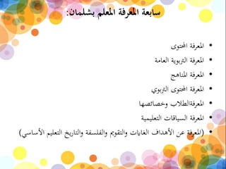 ‫بشلمان‬ ‫املعلم‬ ‫املعرفة‬ ‫سابعة‬:
•‫احملتوى‬ ‫املعرفة‬
•‫العامة‬ ‫بوية‬‫رت‬‫ال‬ ‫املعرفة‬
•‫املناهج‬ ‫املعرفة‬
•‫بوي‬‫رت‬‫ال‬ ‫احملتوى‬ ‫املعرفة‬
•‫وخصائصها‬ ‫املعرفةالطالب‬
•‫التعليمية‬ ‫السياقات‬ ‫املعرفة‬
•(‫ال‬ ‫يخ‬‫ر‬‫التا‬‫و‬ ‫الفلسفة‬‫و‬ ‫التقومي‬‫و‬ ‫الغاايت‬ ‫األهداف‬ ‫عن‬ ‫املعرفة‬‫األساسي‬ ‫تعليم‬)
 