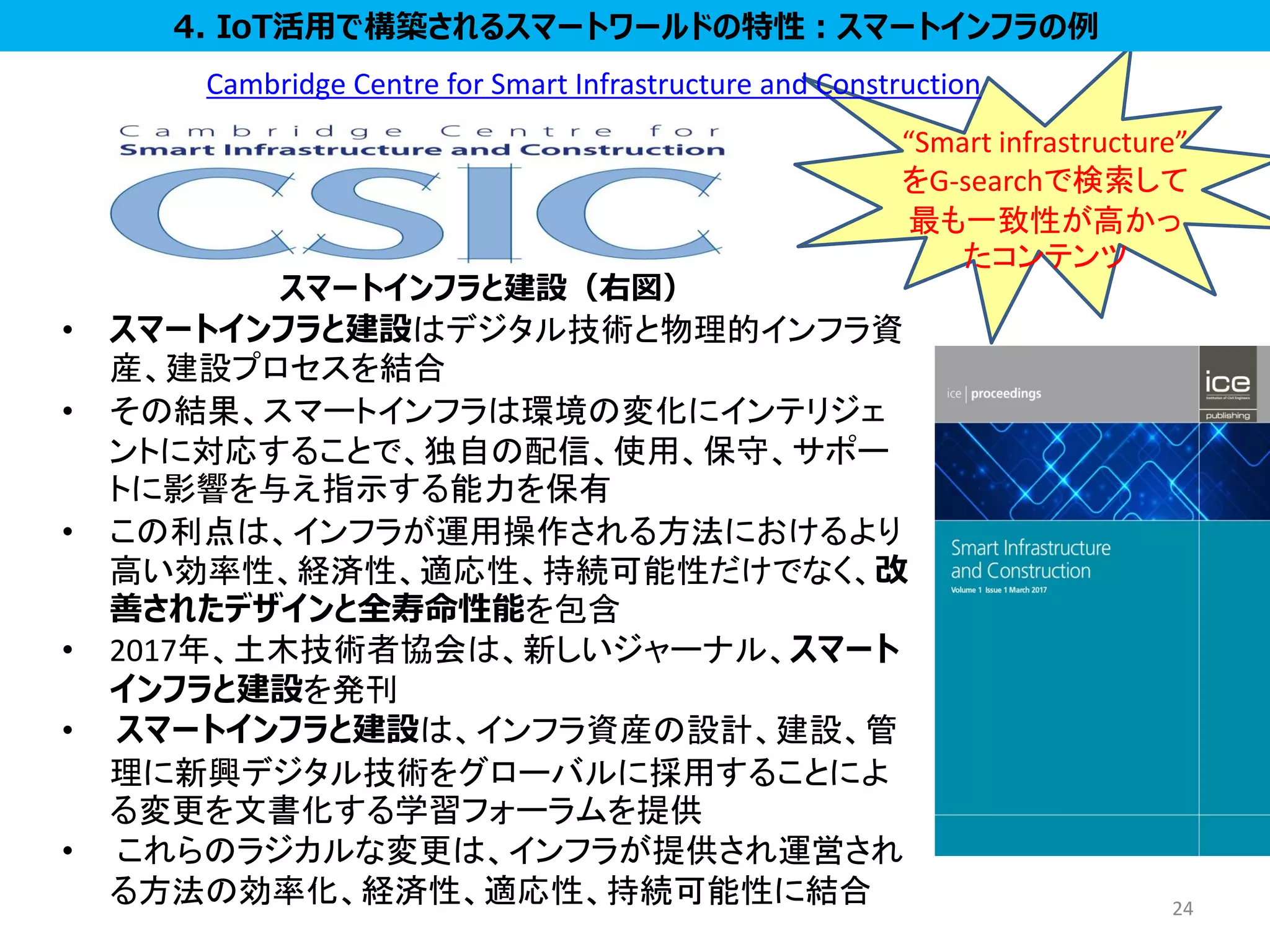 24
Cambridge Centre for Smart Infrastructure and Construction
スマートインフラと建設（右図）
• スマートインフラと建設はデジタル技術と物理的インフラ資
産、建設プロセスを結合
• その結果、スマートインフラは環境の変化にインテリジェ
ントに対応することで、独自の配信、使用、保守、サポー
トに影響を与え指示する能力を保有
• この利点は、インフラが運用操作される方法におけるより
高い効率性、経済性、適応性、持続可能性だけでなく、改
善されたデザインと全寿命性能を包含
• 2017年、土木技術者協会は、新しいジャーナル、スマート
インフラと建設を発刊
• スマートインフラと建設は、インフラ資産の設計、建設、管
理に新興デジタル技術をグローバルに採用することによ
る変更を文書化する学習フォーラムを提供
• これらのラジカルな変更は、インフラが提供され運営され
る方法の効率化、経済性、適応性、持続可能性に結合
4. IoT活用で構築されるスマートワールドの特性：スマートインフラの例
“Smart infrastructure”
をG-searchで検索して
最も一致性が高かっ
たコンテンツ
 