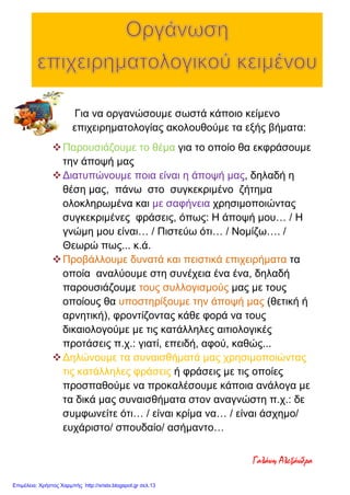 Για να οργανώσουμε σωστά κάποιο κείμενο
επιχειρηματολογίας ακολουθούμε τα εξής βήματα:
Παρουσιάζουμε το θέμα για το οποίο θα εκφράσουμε
την άποψή μας
Διατυπώνουμε ποια είναι η άποψή μας, δηλαδή η
θέση μας, πάνω στο συγκεκριμένο ζήτημα
ολοκληρωμένα και με σαφήνεια χρησιμοποιώντας
συγκεκριμένες φράσεις, όπως: Η άποψή μου… / Η
γνώμη μου είναι… / Πιστεύω ότι… / Νομίζω…. /
Θεωρώ πως... κ.ά.
Προβάλλουμε δυνατά και πειστικά επιχειρήματα τα
οποία αναλύουμε στη συνέχεια ένα ένα, δηλαδή
παρουσιάζουμε τους συλλογισμούς μας με τους
οποίους θα υποστηρίξουμε την άποψή μας (θετική ή
αρνητική), φροντίζοντας κάθε φορά να τους
δικαιολογούμε με τις κατάλληλες αιτιολογικές
προτάσεις π.χ.: γιατί, επειδή, αφού, καθώς...
Δηλώνουμε τα συναισθήματά μας χρησιμοποιώντας
τις κατάλληλες φράσεις ή φράσεις με τις οποίες
προσπαθούμε να προκαλέσουμε κάποια ανάλογα με
τα δικά μας συναισθήματα στον αναγνώστη π.χ.: δε
συμφωνείτε ότι… / είναι κρίμα να… / είναι άσχημο/
ευχάριστο/ σπουδαίο/ ασήμαντο…
Γαλάνη Αλεξάνδρα
Επιμέλεια: Χρήστος Χαρμπής http://xristx.blogspot.gr σελ.13
 