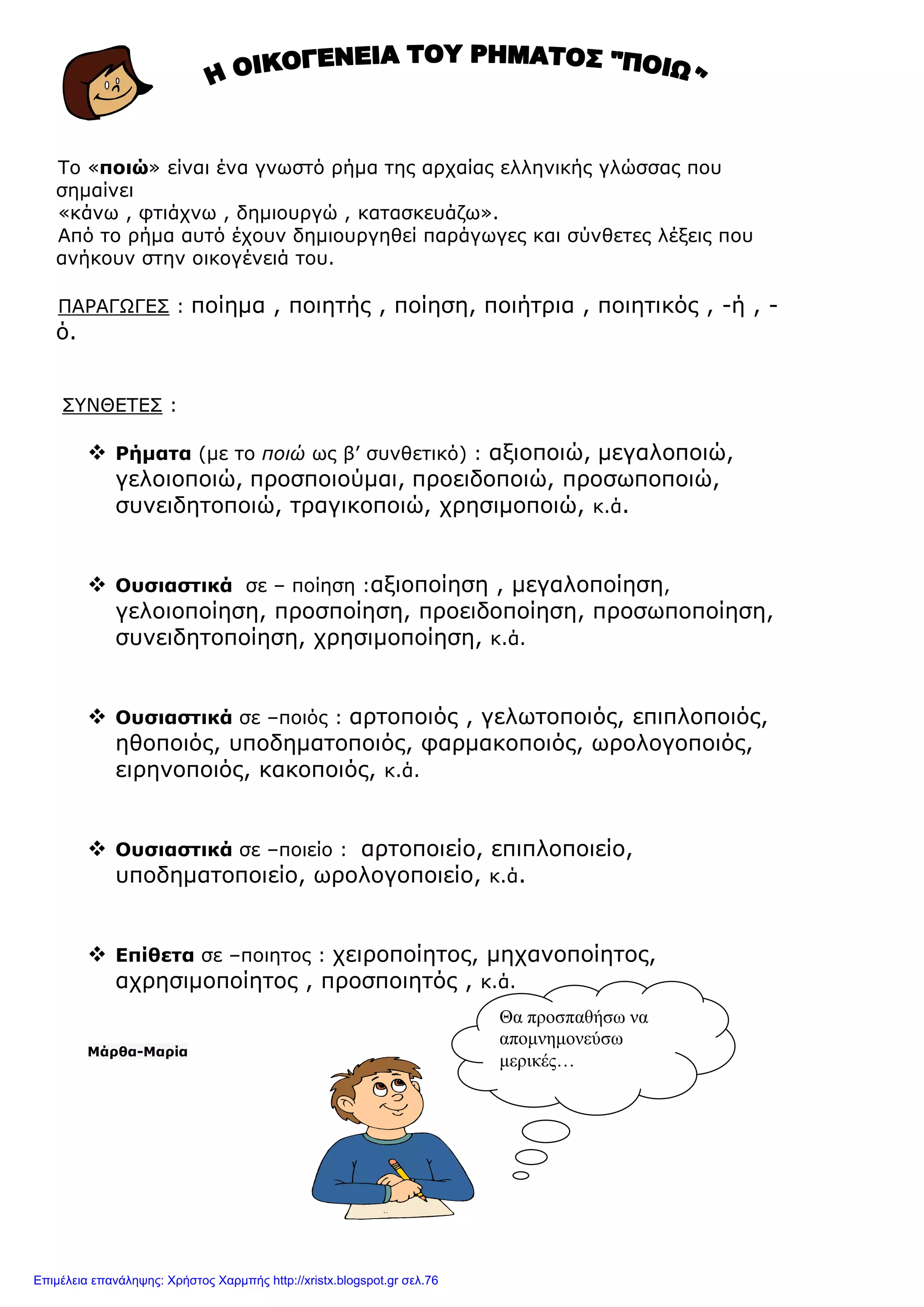 Το «ποιώ» είναι ένα γνωστό ρήµα της αρχαίας ελληνικής γλώσσας που
σηµαίνει
«κάνω , φτιάχνω , δηµιουργώ , κατασκευάζω».
Από το ρήµα αυτό έχουν δηµιουργηθεί παράγωγες και σύνθετες λέξεις που
ανήκουν στην οικογένειά του.
ΠΑΡΑΓΩΓΕΣ : ποίηµα , ποιητής , ποίηση, ποιήτρια , ποιητικός , -ή , -
ό.
ΣΥΝΘΕΤΕΣ :
Ρήµατα (µε το ποιώ ως β’ συνθετικό) : αξιοποιώ, µεγαλοποιώ,
γελοιοποιώ, προσποιούµαι, προειδοποιώ, προσωποποιώ,
συνειδητοποιώ, τραγικοποιώ, χρησιµοποιώ, κ.ά.
Ουσιαστικά σε – ποίηση :αξιοποίηση , µεγαλοποίηση,
γελοιοποίηση, προσποίηση, προειδοποίηση, προσωποποίηση,
συνειδητοποίηση, χρησιµοποίηση, κ.ά.
Ουσιαστικά σε –ποιός : αρτοποιός , γελωτοποιός, επιπλοποιός,
ηθοποιός, υποδηµατοποιός, φαρµακοποιός, ωρολογοποιός,
ειρηνοποιός, κακοποιός, κ.ά.
Ουσιαστικά σε –ποιείο : αρτοποιείο, επιπλοποιείο,
υποδηµατοποιείο, ωρολογοποιείο, κ.ά.
Επίθετα σε –ποιητος : χειροποίητος, µηχανοποίητος,
αχρησιµοποίητος , προσποιητός , κ.ά.
Μάρθα-Μαρία
Θα προσπαθήσω να
αποµνηµονεύσω
µερικές…
Επιμέλεια επανάληψης: Χρήστος Χαρμπής http://xristx.blogspot.gr σελ.76
 