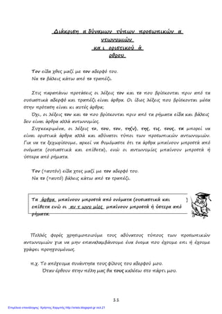 11
),
Διάκριση α δύναμων τύπων προσωπικών α
ντωνυμιών
κα ι οριστικού ά
ρθρου
Τον είδα χθες μαζί με τον αδερφό του.
Να το βάλεις κάτω από το τραπέζι.
Στις παραπάνω προτάσεις οι λέξεις τον και το που βρίσκονται πριν από τα
ουσιαστικά αδερφό και τραπέζι είναι άρθρα. Οι ίδιες λέξεις που βρίσκονται μέσα
στην πρόταση είναι κι αυτές άρθρα;
Όχι, οι λέξεις τον και το που βρίσκονται πριν από τα ρήματα είδα και βάλεις
δεν είναι άρθρα αλλά αντωνυμίες.
Συγκεκριμένα, οι λέξεις το, του, τον, τη(ν), της, τις, τους, τα μπορεί να
είναι οριστικά άρθρα αλλά και αδύνατοι τύποι των προσωπικών αντωνυμιών.
Για να τα ξεχωρίσουμε, αρκεί να θυμόμαστε ότι τα άρθρα μπαίνουν μπροστά από
ονόματα (ουσιαστικά και επίθετα), ενώ οι αντωνυμίες μπαίνουν μπροστά ή
ύστερα από ρήματα.
Τον (=αυτόν) είδα χτες μαζί με τον αδερφό του.
Να το (=αυτό) βάλεις κάτω από το τραπέζι.
Τα άρθρα μπαίνουν μπροστά από ονόματα (ουσιαστικά και
επίθετα ενώ οι αν τ ωνυ μίες μπαίνουν μπροστά ή ύστερα από
ρήματα.
Πολλές φορές χρησιμοποιούμε τους αδύνατους τύπους των προσωπικών
αντωνυμιών για να μην επαναλαμβάνουμε ένα όνομα που έχουμε επι ή έχουμε
γράψει προηγουμένως.
π.χ. Το απόγευμα συνάντησα τους φίλους του αδερφού μου.
Όταν έρθουν στην πόλη μας θα τους καλέσω στο πάρτι μου.
Επιμέλεια επανάληψης: Χρήστος Χαρμπής http://xristx.blogspot.gr σελ.21
 