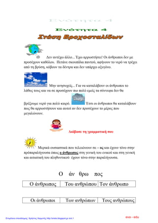 Γελ αληέρσ άιιν... Έρσ αξξσζηήζεη! Οη άλζξσπνη δελ κε
πξνζέρνπλ θαζόινπ. Πεηάλε ζθνππίδηα παληνύ, αθήλνπλ ην λεξό λα ηξέρεη
από ηε βξύζε, θόβνπλ ηα δέληξα θαη δελ ππάξρεη νμπγόλν.
Μελ αλεζπρείο... Γηα λα θαηαιάβνπλ νη άλζξσπνη ην
ιάζνο ηνπο θαη λα ζε πξνζέρνπλ πην πνιύ εκείο ηα ζύλλεθα δελ ζα
βξέμνπκε λεξό γηα πνιύ θαηξό. Έηζη νη άλζξσπνη ζα θαηαιάβνπλ
πσο ζα αξξσζηήζνπλ θαη απηνί αλ δελ πξνζέρνπλ ην κέξνο πνπ
κεγαιώλνπλ.
Δηάβαζε ηε γξακκαηηθή ζνπ
Μεξηθά νπζηαζηηθά πνπ ηειεηώλνπλ ζε – νο θαη έρνπλ ηόλν ζηελ
πξόπαξαιήγνπζα όπσο ν άλζξσπνο ζηε γεληθή ηνπ εληθνύ θαη ζηε γεληθή
θαη αηηηαηηθή ηνπ πιεζπληηθνύ έρνπλ ηόλν ζηελ παξαιήγνπζα.
Ο άλ ζξσ πνο
Ο άλζξσπνο Σνπ αλζξώπνπ Σνλ άλζξσπν
Οη άλζξσπνη Σσλ αλζξώπσλ Σνπο αλζξώπνπο
eva - eduΕπιμέλεια επανάληψης: Χρήστος Χαρμπής http://xristx.blogspot.gr σελ.1
 